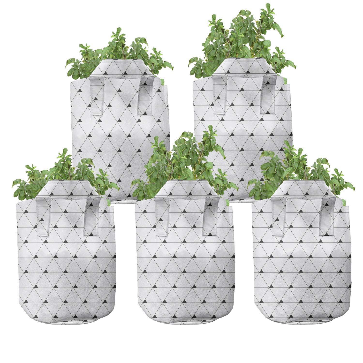 Ambesonne Geometric Grow Bags 5-Pack, Modern Triangles Grid, Heavyduty Fabric Pots with Handles for Plants, Charcoal Grey Coconut