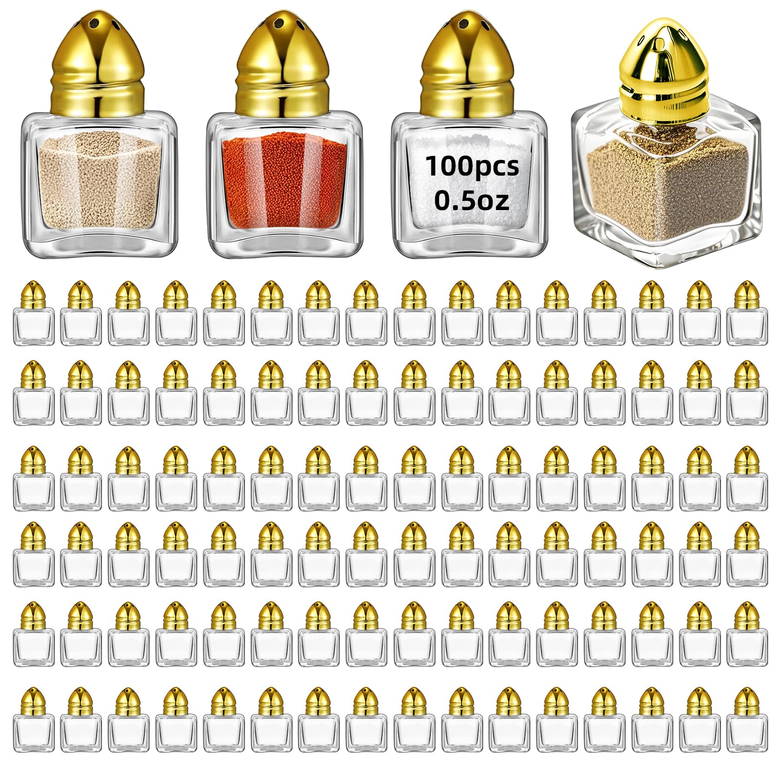 100 Pack Mini Salt and Pepper Shakers Bulk 0.5 Oz, Small Cube Glass Spice Shaker Container with Stainless Steel Lid for Kitchen Restaurant Travel Home Camp Party Supplies (Gold)