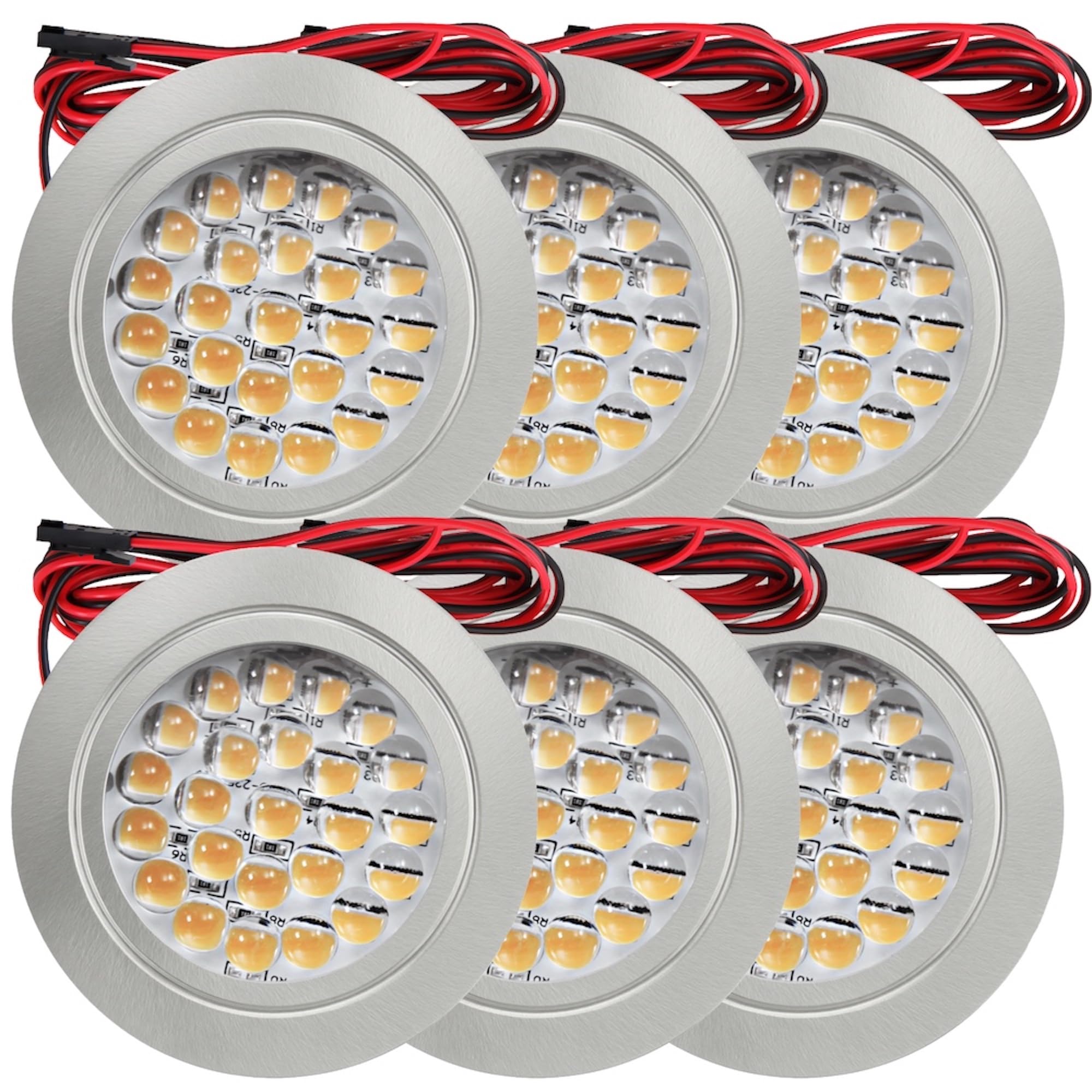 6er Set LED Möbel Einbauleuchten 12V ultra flach 2.4W Einbauleuchten Mira 190lm mit LED Trafo und 230V Zuleitung 3000K Warmweiß Lochausschnitt: 58 bis 60mm Silber Plug and Play Spots Ø=65,5 X 10,7mm