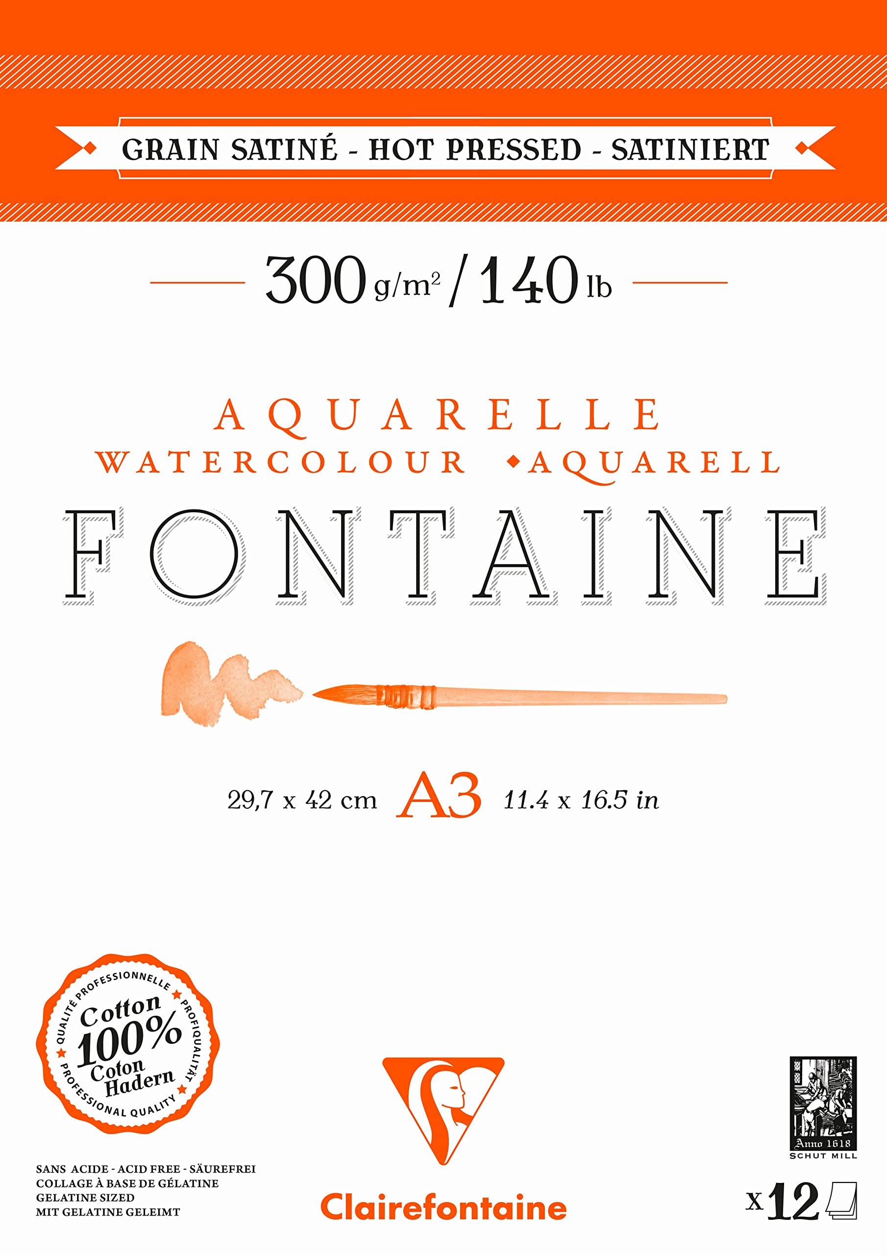Clairefontaine 975951C: Blocco Collato 2 lati FONTAINE: 12 fogli carta acquerello bianca 100% cotone e a grana satinata qualità professionale A3 29,7x42 cm 300g