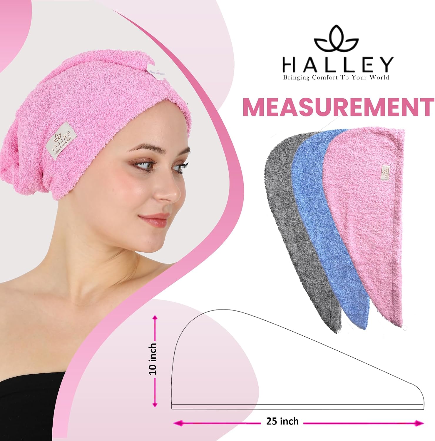 HALLEY Cotton Hair Towel Wrap (3 Packs) Super Absorbent Fast Drying Hair Towel for Thick Hair Turbans for Wet Hair with Button (Pink, Blue, Grey)