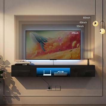 Floating TV Stand Wall Mounted with 20 Color LEDs,63 Modern TV Stand,Floating TV Cabinet Entertainment Center for 55 60 65 Inch TV,Wood TV Console with Storage for Living Room, Bedroom -Black