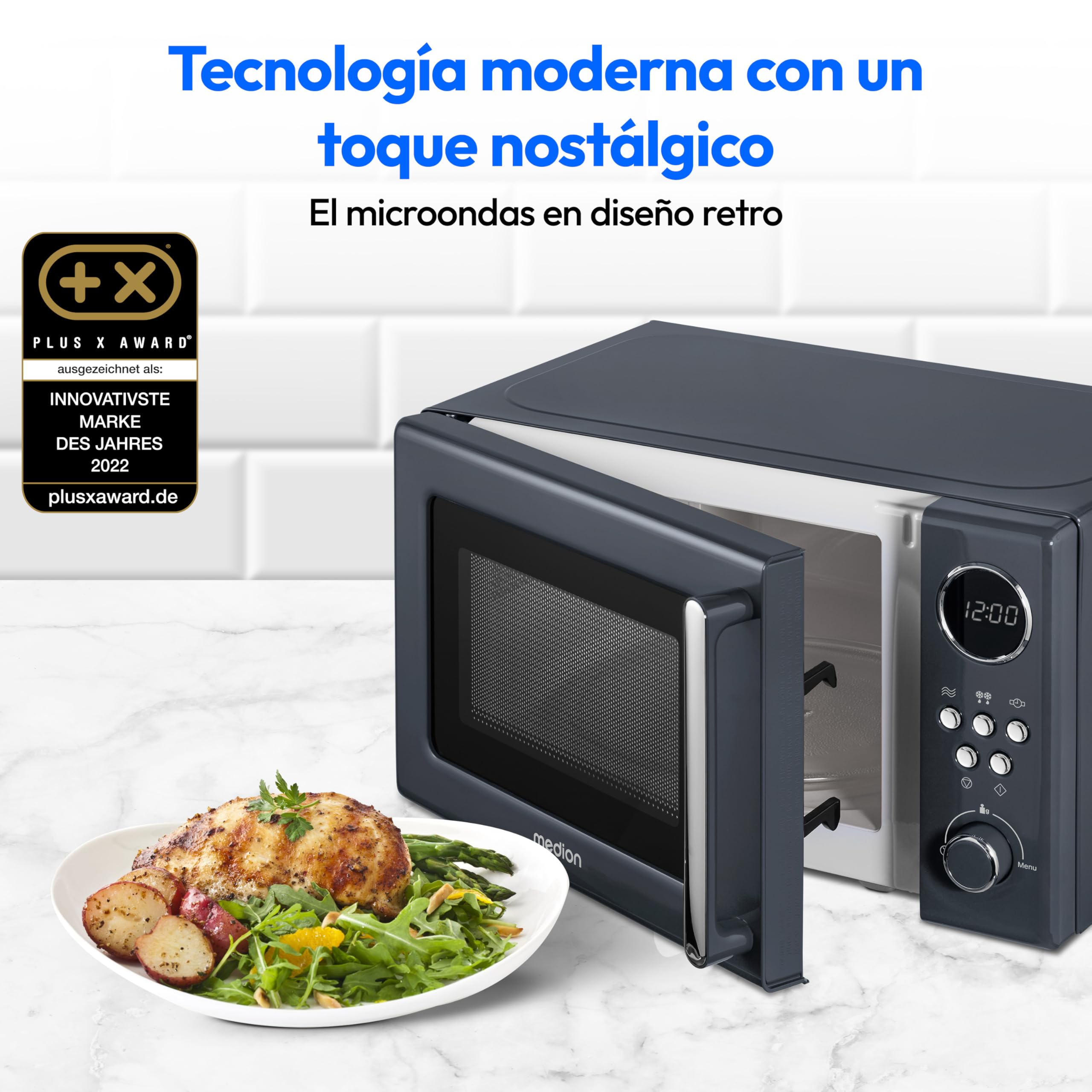 Microondas retro MEDION (20 litros, aprox. 800 vatios, 5 posiciones de microondas, 8 programas automáticos, pantalla digital, función de descongelación, compacto, MD15000) gris