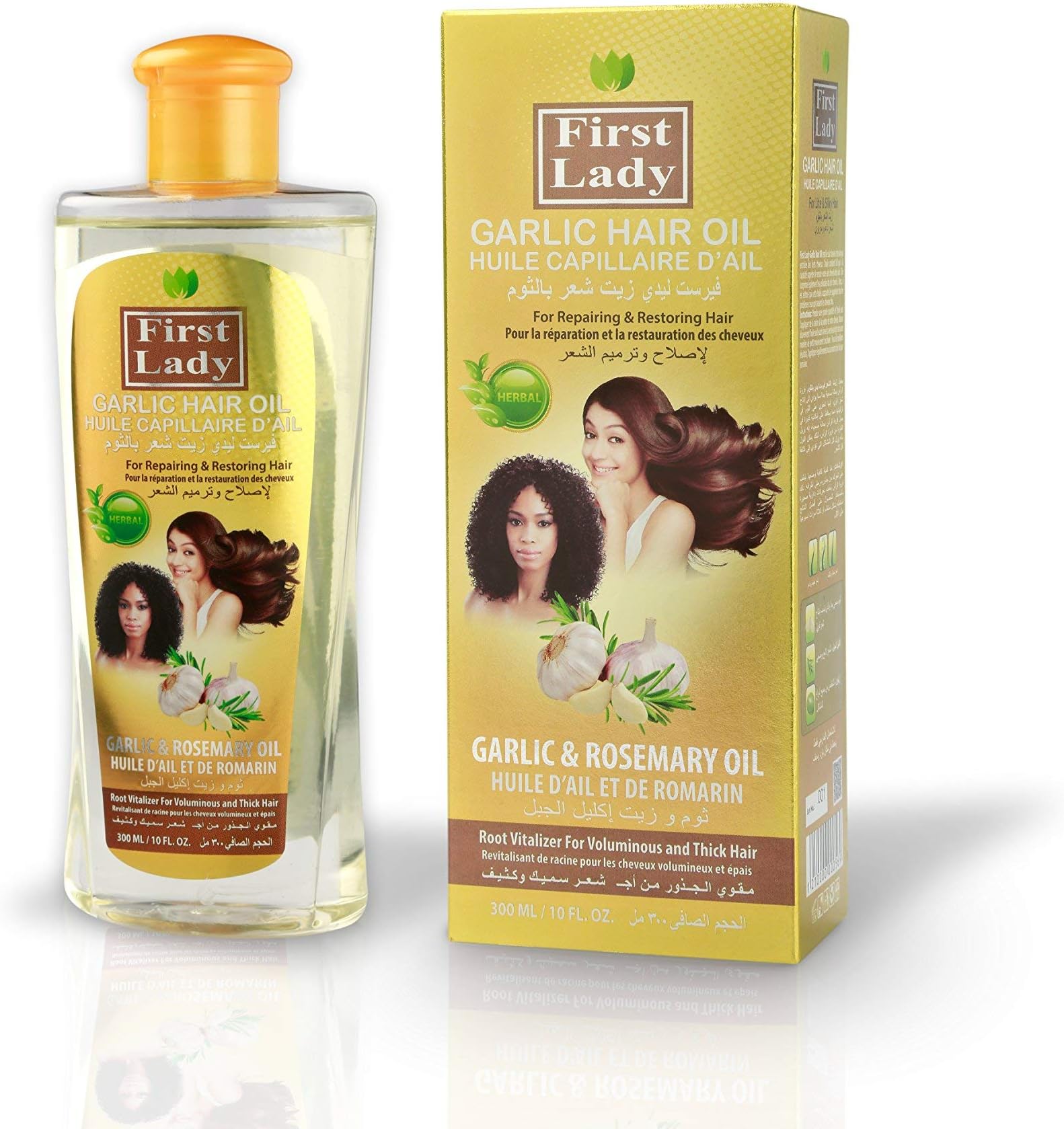 First Lady Herbal (Ayurvedic) GARLIC Hair Oil 300ml – For Repairing & Restoring Hair – With Rosemary - For Afro Asian European Hair Types