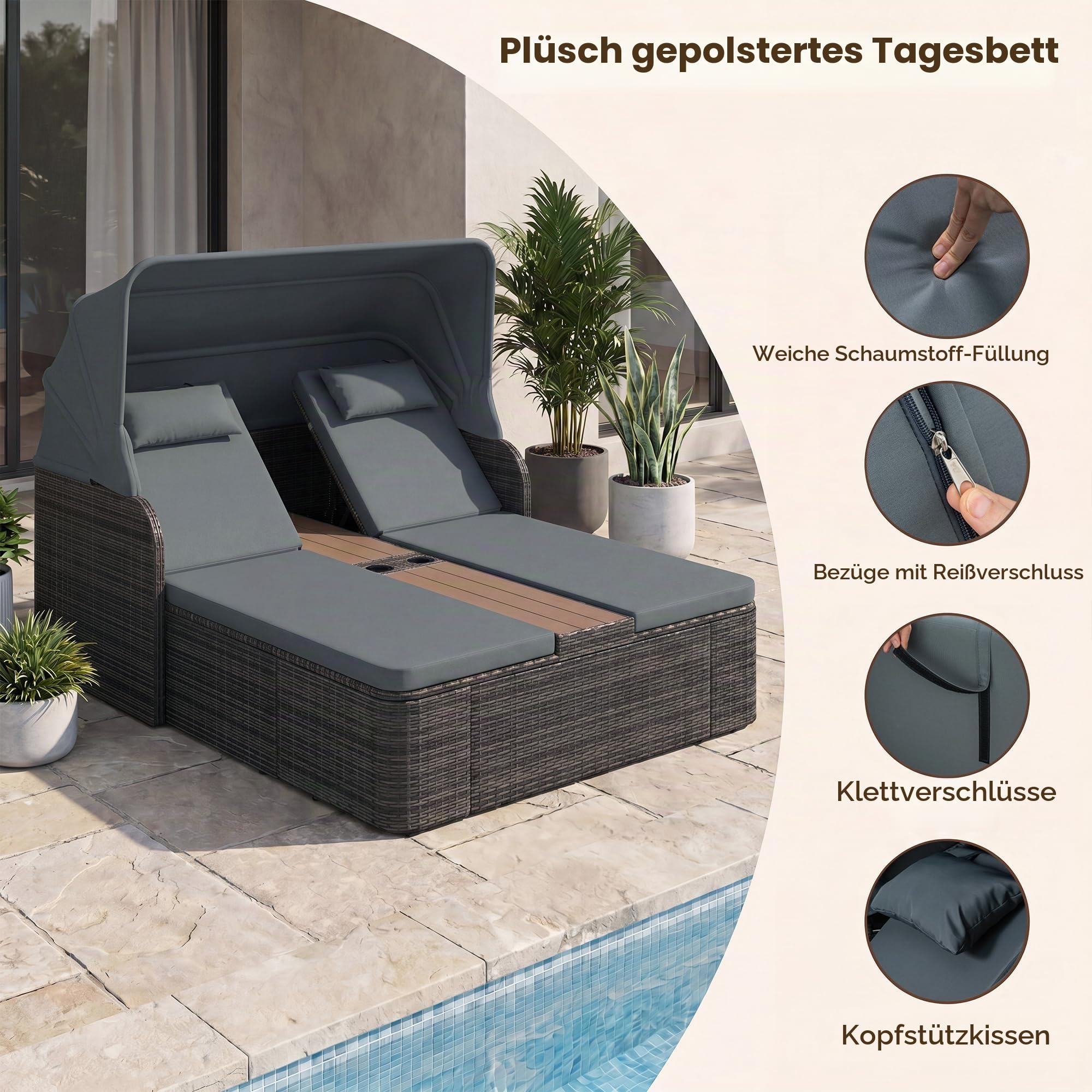 LIFEZEAL Sonnenliege 2 Personen, Gartenliege mit Verstellbarer Rückenlehne & Sonnendach, Doppelliege aus Rattan mit Kissen & Kopfstützen, Gartenbett mit Tisch & Getränkehaltern für Garten (Grau)