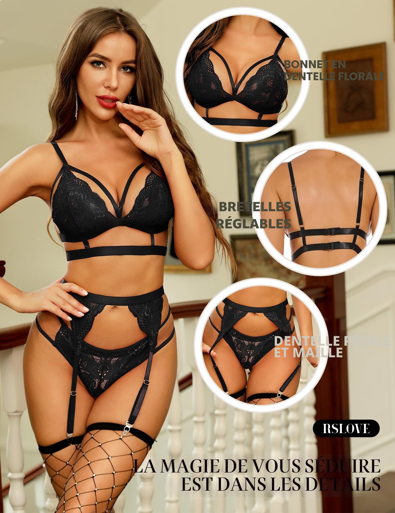 RSLOVE Lingerie Sexy pour Femme Soutien-Gorge et Culotte 3 Pièces en Dentelle avec Porte-Jarretelle