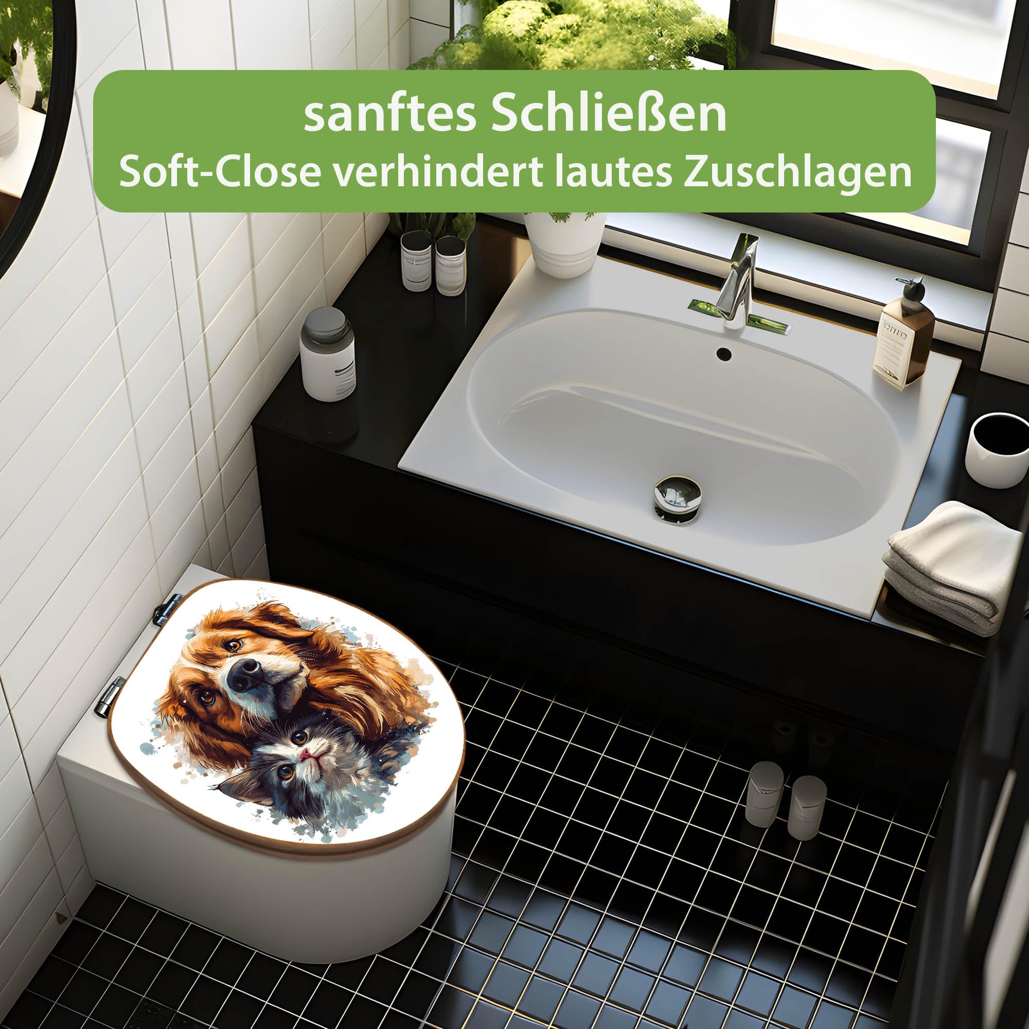 banjado Design WC Sitz Bambus Absenkautomatik 45,8x37,5cm - Toilettendeckel mit Absenkautomatik Holz - hochwertiger Bambus Klodeckel - WC-Sitz für gängigen Toiletten - Motiv Tierische Begleiter