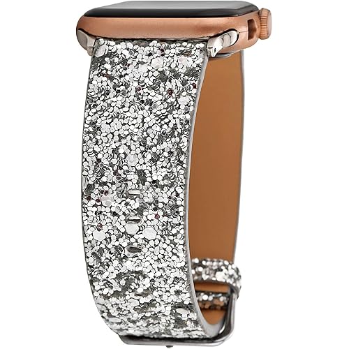 Greaciary Glitter Bling Band Compatible for Apple Watch 38mm 40mm 42mm 44mm Leather Luxury Shiny Sparkle Women Strap Wristbands Replacement for iWatch Series 5/4/3/2/1 (Silver, 42mm/44mm)