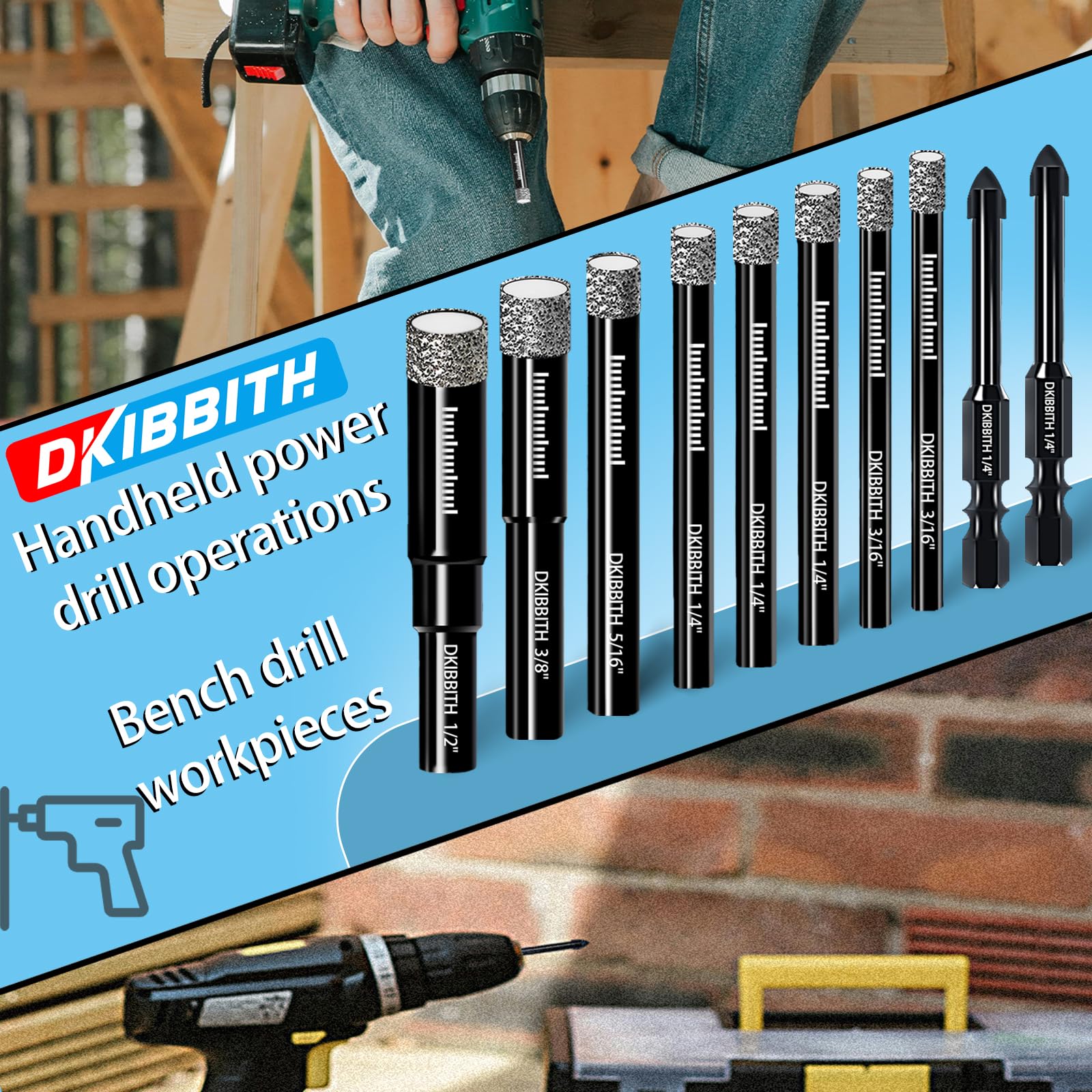 10 Pack Dry Diamond Drill Bits Set Round Shank 3/16" 1/4" 5/16" 3/8" 1/2" D148424