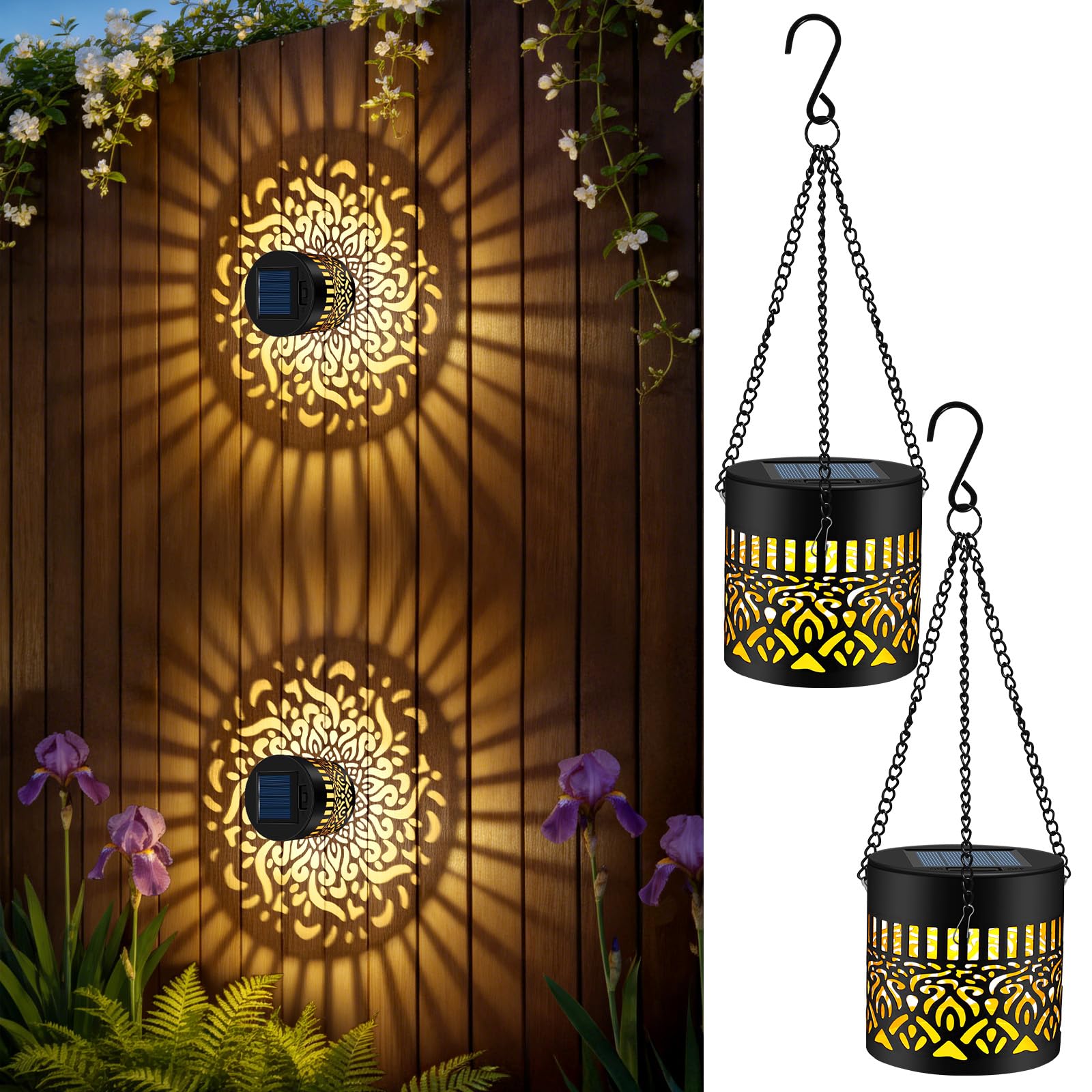 FLSEPAMB Lampade solari per esterni da giardino, 2 pezzi, in metallo, per esterni, IP65, impermeabili, per terrazze, balconi, campeggio, decorazione