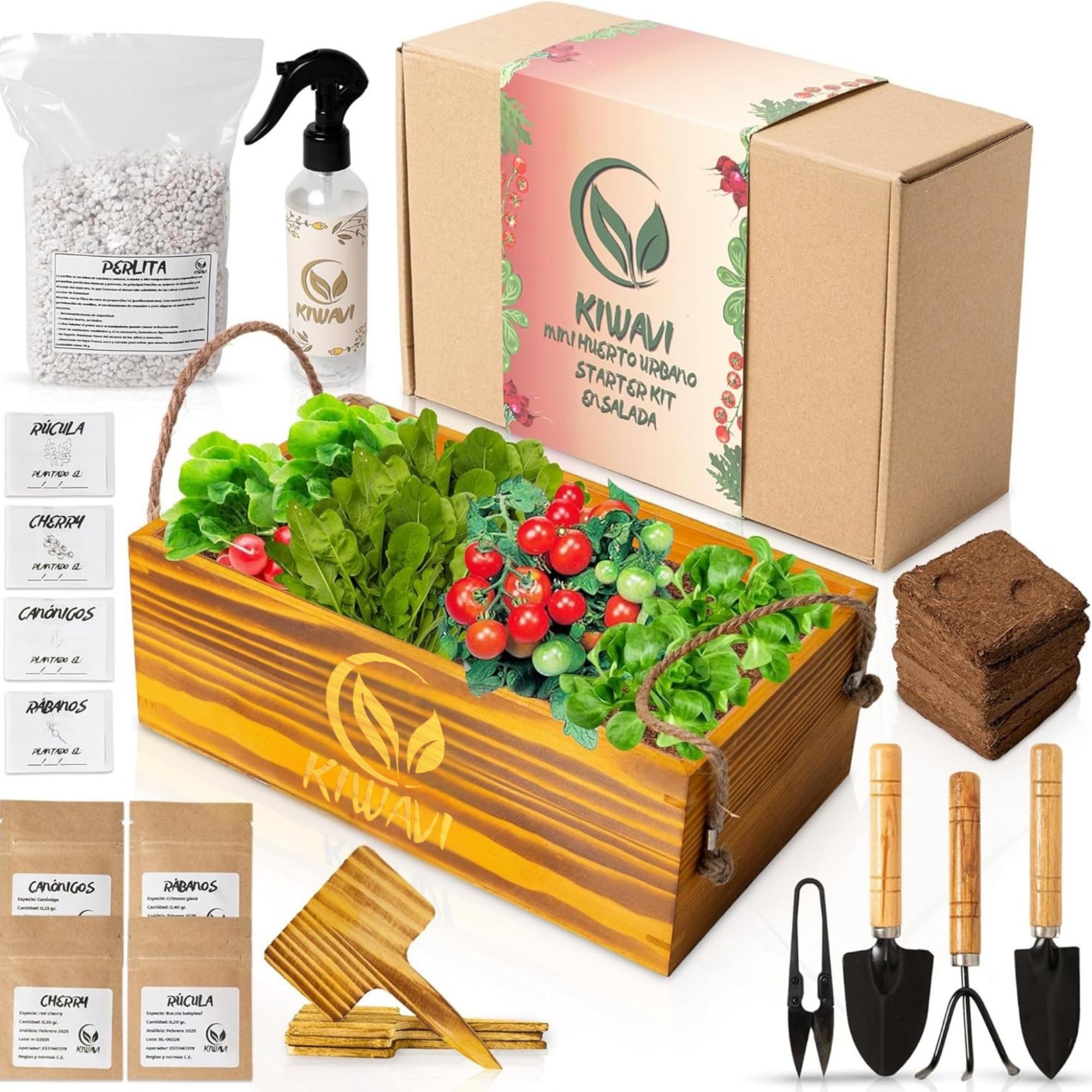 Mini Huerto Urbano Interior y Exterior – Kit Completo de Cultivo en Casa – Semillas de Tomate Cherry, Rúcula, Canónigos y Rábanos – Fácil de Usar