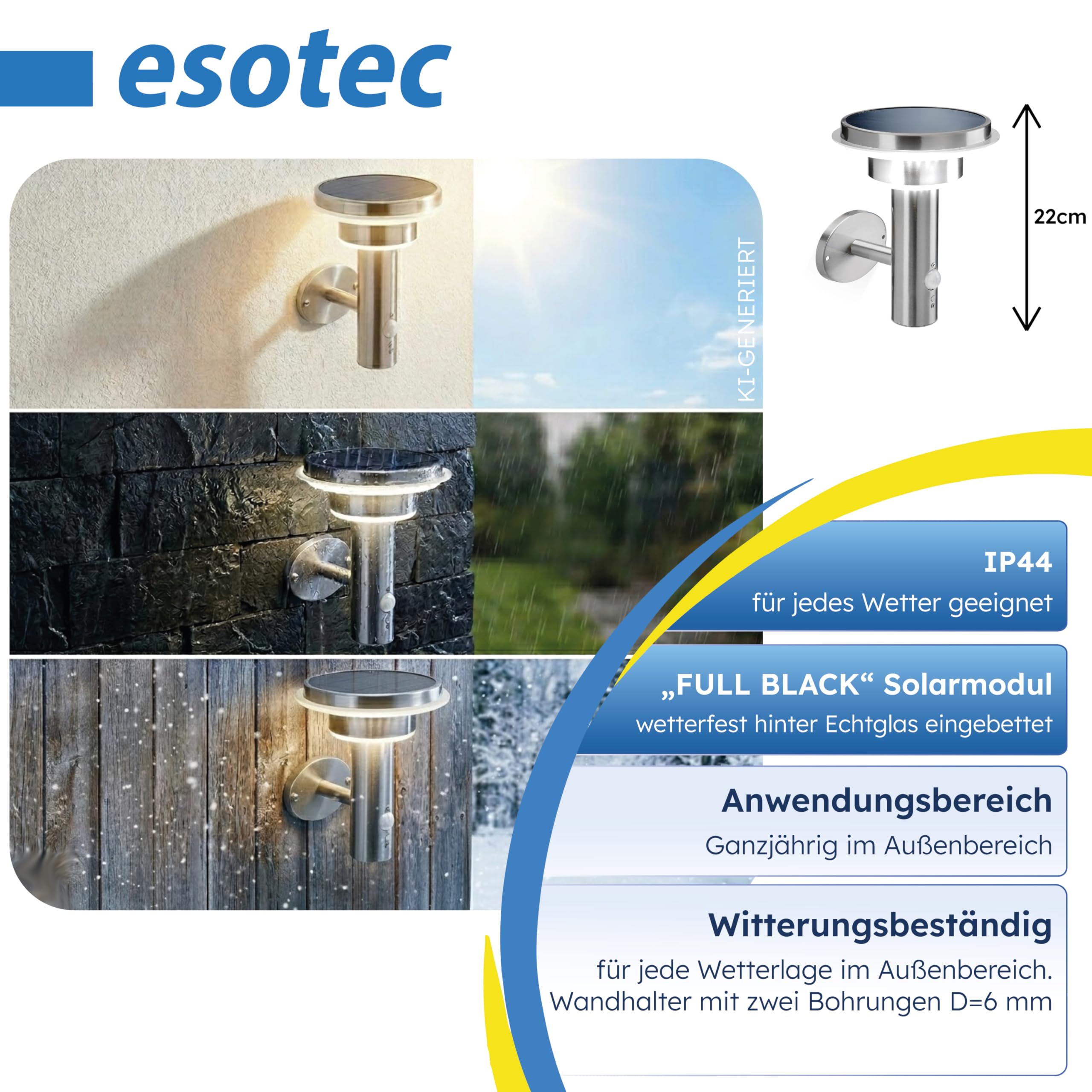 Esotec Solar Wandleuchte mit Bewegungsmelder TINI, 3 Modi, Edelstahl 102595