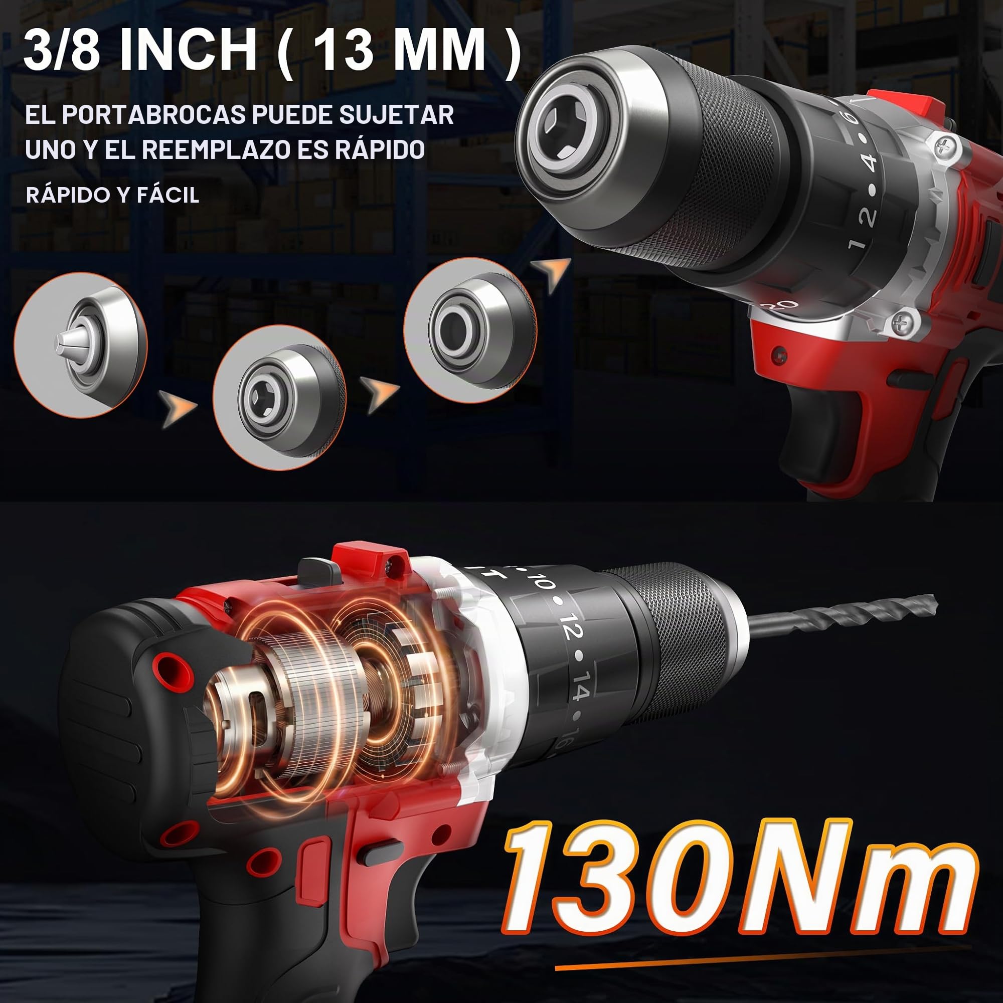 TEENO Taladro Atornillador Inalámbrico para Batería Makita de 21V 2 * 4,0 Ah Baterías,130 Nm Taladro Percutor Bateria,20+3 Configuraciones de Par,2 Velocidades, LED,76 Accesorios y Maletín