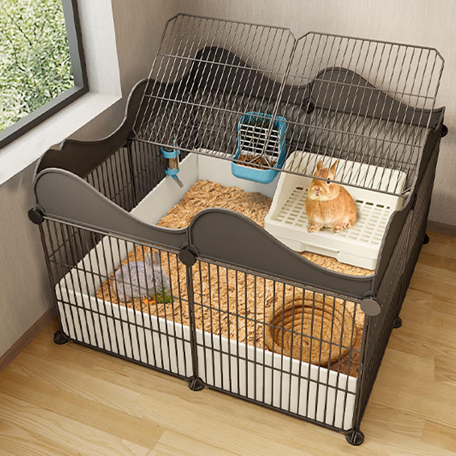 XIAOZHUANGXIONG Rabbit Hutch Indoor for 2 Rabbits, Metal Wire Small Animal Cage Pet Enclosure, Indoor DIY Kennels Crate Large Exercise Place Ideal for 1-2 Cat Small Animal (Color : Black, Size : 4b)