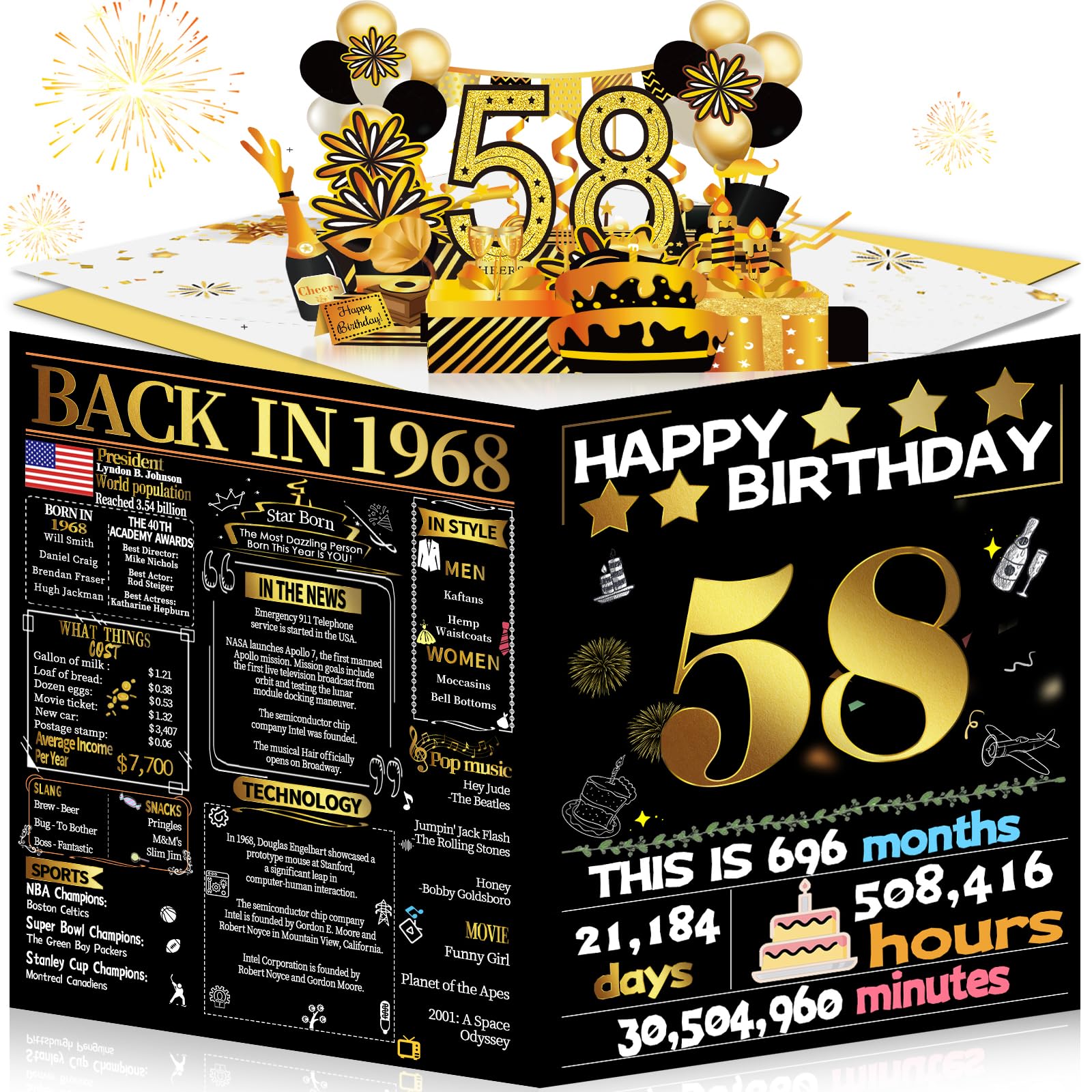 Joycard 58th Birthday Card for Women Men, 3D Pop Up Happy Birthday Gift for Mother Dad, Funny 58 Year Old Birthday Decorations for Wife Husband, Back in 1968 Laser Gold Retro Theme