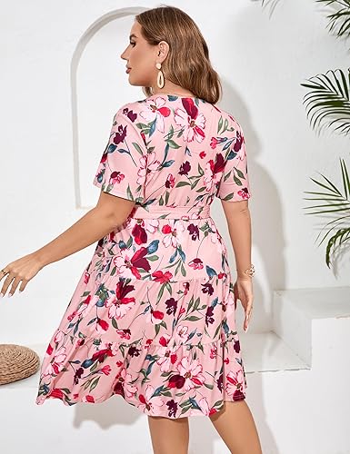 Miniatura 6 de KOJOOIN Vestido cruzado con cuello en V para mujer de talla extragrande, de cintura alta, de manga corta, vestido de verano midi casual con cinturón