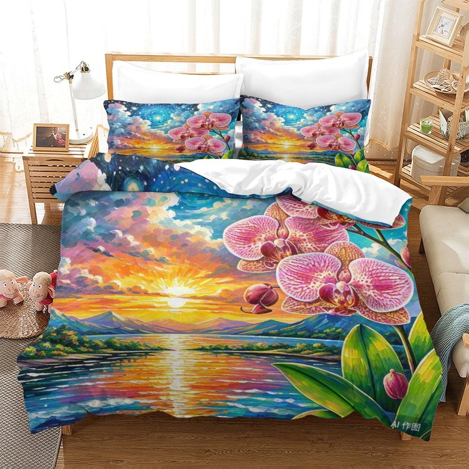 Housse de couette orchidée 260x220 anti-plis en microfibre douce avec zip invisible
