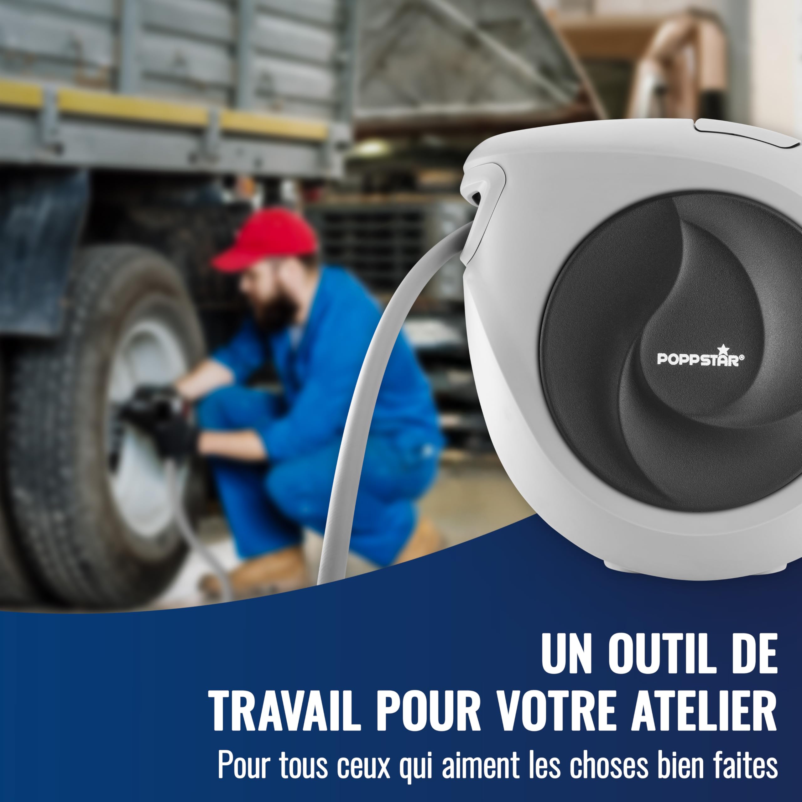 Poppstar Enrouleur de Tuyau d'Air Comprimé (15m + 1,1m, diamètre 3/8" (9,2x14mm)), Raccord 1/4" BSPT, avec Tuyau Hybride en PVC