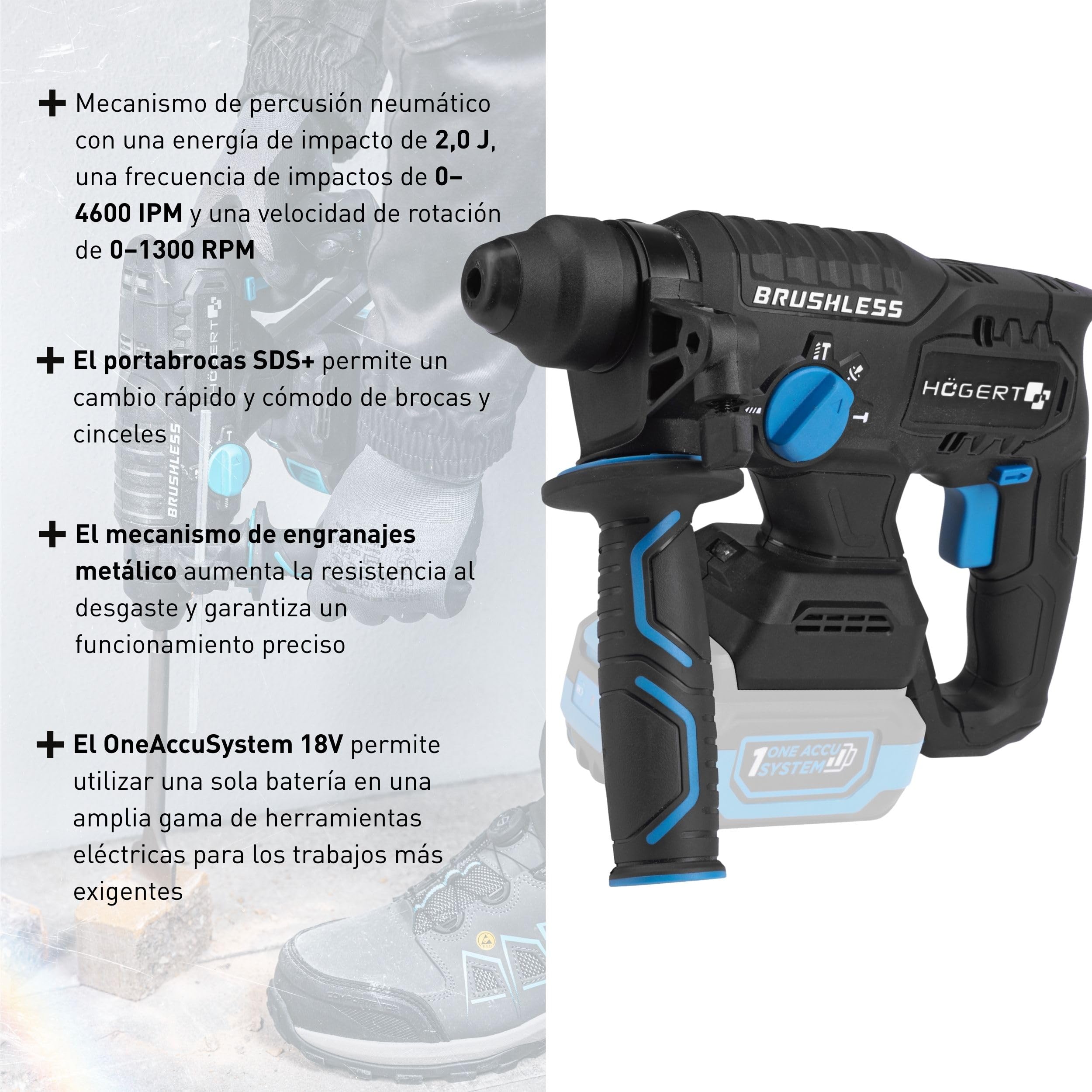 HÖGERT TECHNIK Martillo perforador a batería brushless 18V, 2,0 J, función cincelado, batería 4,0 Ah, cargador 4A, engranaje metálico, LED