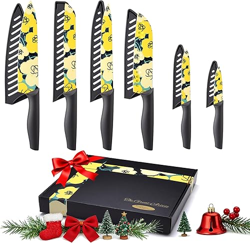 Marco Almond Juego de cuchillos de cocina de diseño artístico, 6 cuchillos de cocina de acero inoxidable con 6 protectores de cuchillas, cuchillos