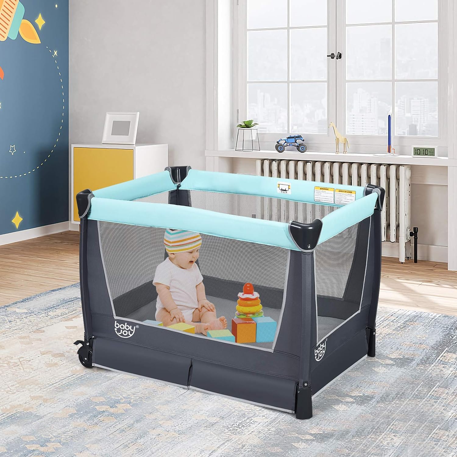 GOPLUS Centro de Cuidado de Bebés 6 en 1 Portátil | Cuna de Viaje para Bebés con Cambiador de Pañales, Bolsa de Almacenamiento y Juguetes Colgantes de 0-36 Meses