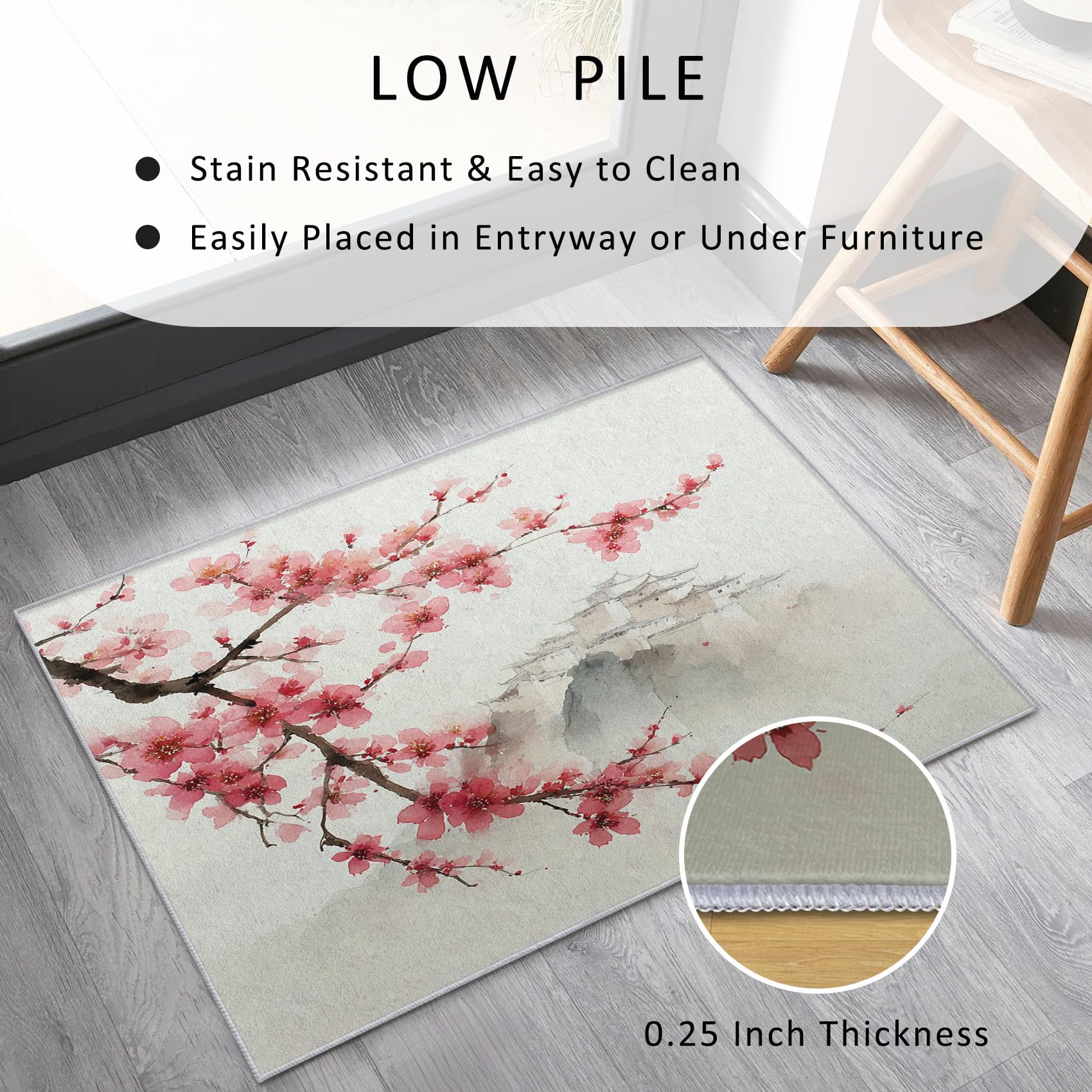 Tapis de Salon Lavable 120x140cm, Motif Floral Japonais Rose à Fleurs de Cerisier, Peinture à l'encre, idéal pour décoration Salon et de la Chambre, Doux et antidérapant.