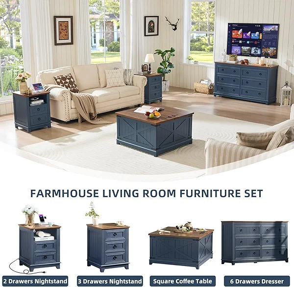 Joaxswe Farmhouse Coffee Table with Hidden Storage Organizer, Modern Square Large Center Table, Wood Farm House Low Navy Blue Living Room Tables with Hinged Lift Top for Home, Office