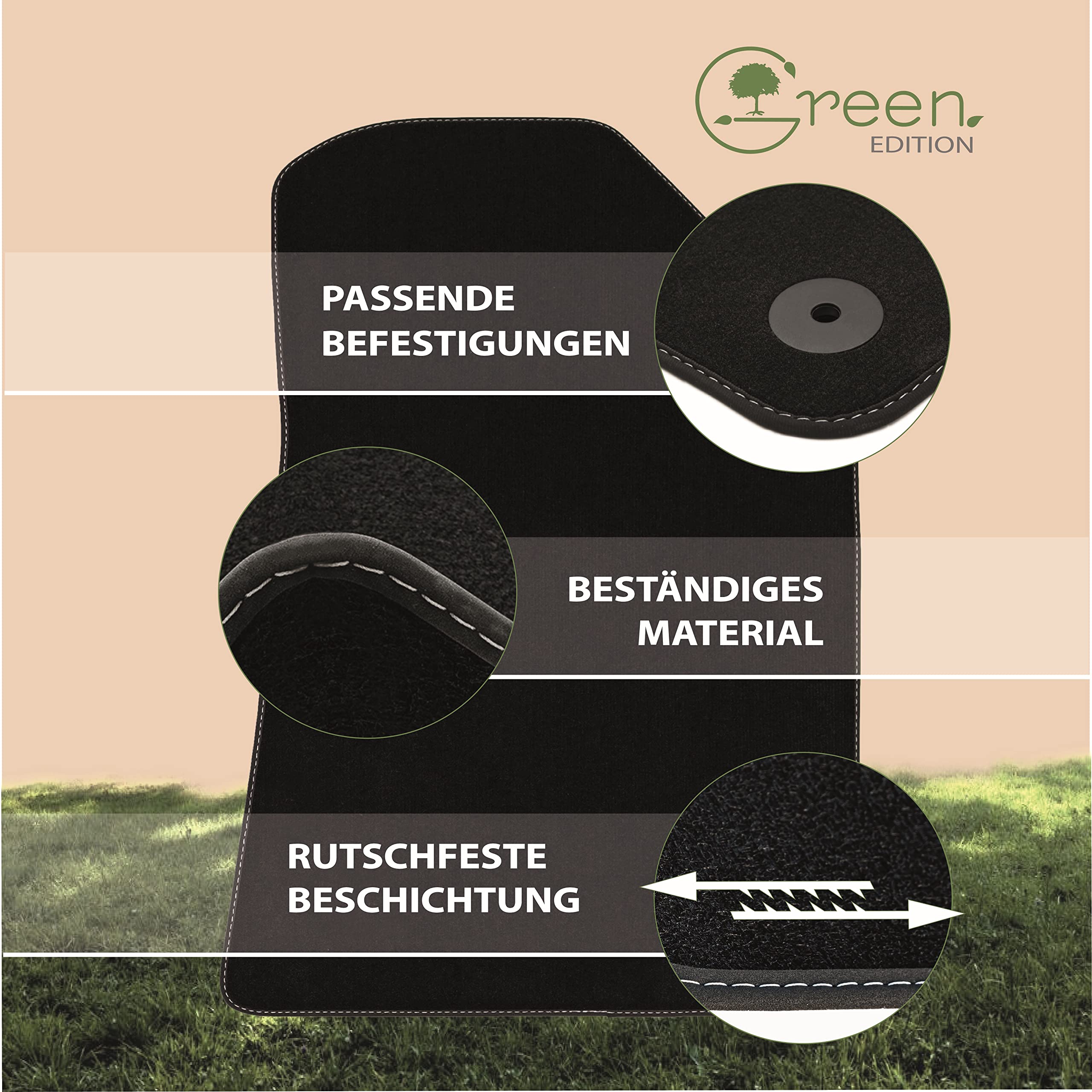 Green Edition – Fußmatten passend für VW Golf 7 (BJ 11/2012-12/2020, Typ AU) & Golf 8 (ab BJ 01/2020, Typ CD)|nachhaltiges Velours|Automatten-Set, 4-teilig|Made in Germany, Erstausrüsterqualität