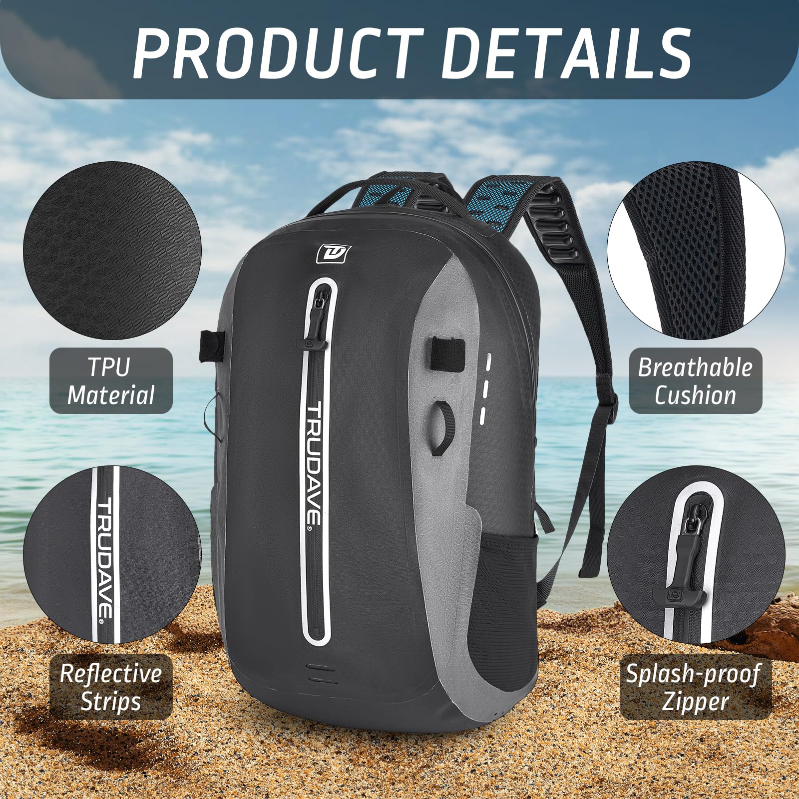 Trudave Wasserdichter Rucksack, schwimmende TPU-beschichtete Trockentasche mit luftdichtem Reißverschluss für Kajak, Angeln, Bootfahren, Wandern, Schwarz, 30L, Wasserdichte Tasche