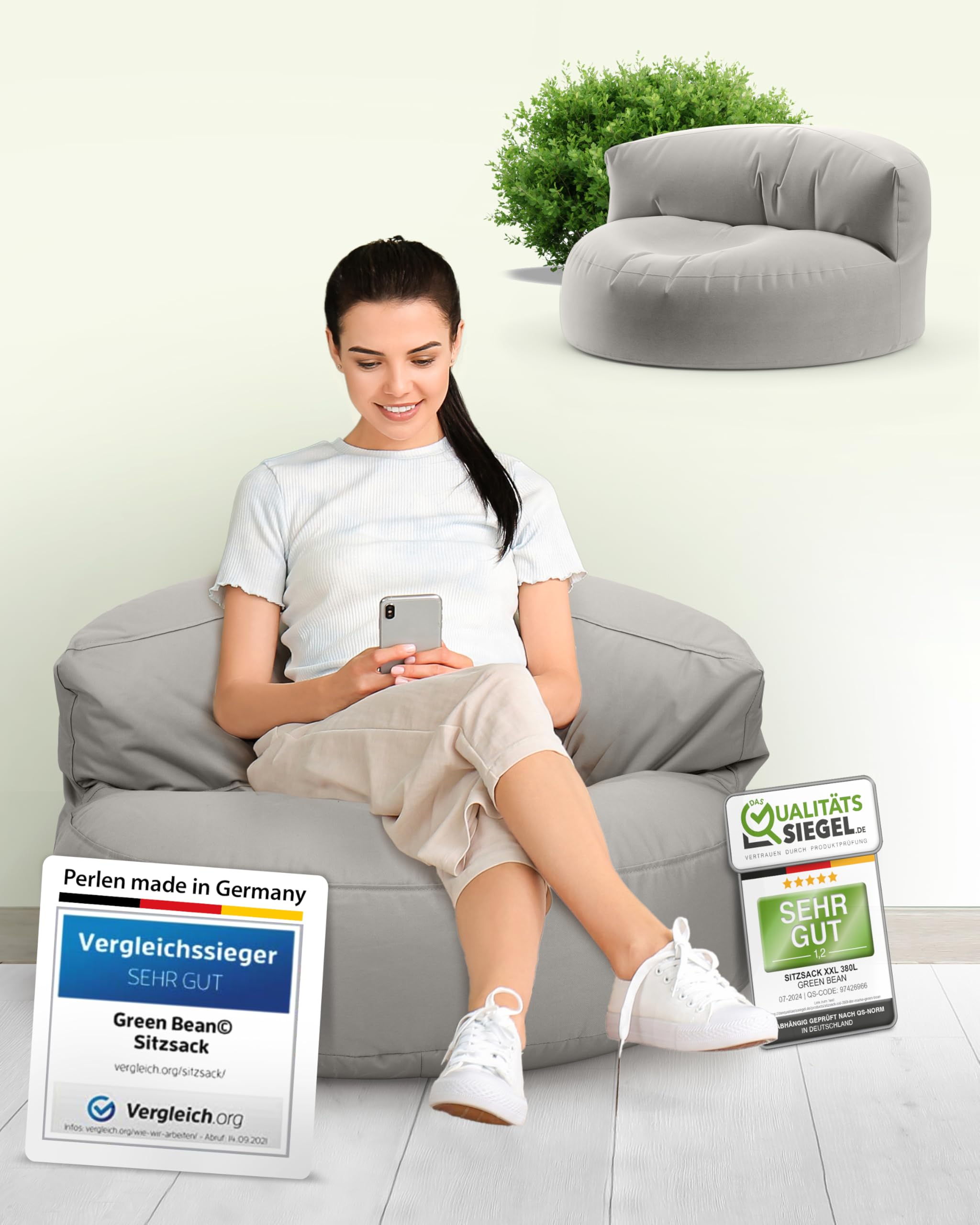 Green Bean© Canapé-Sac avec matériau de Remplissage | Lounge en Design de Pouf 90 x 50 cm avec Dossier Ergonomique & Housse Lavable | Convient pour l'intérieur et l'extérieur en Gris Clair