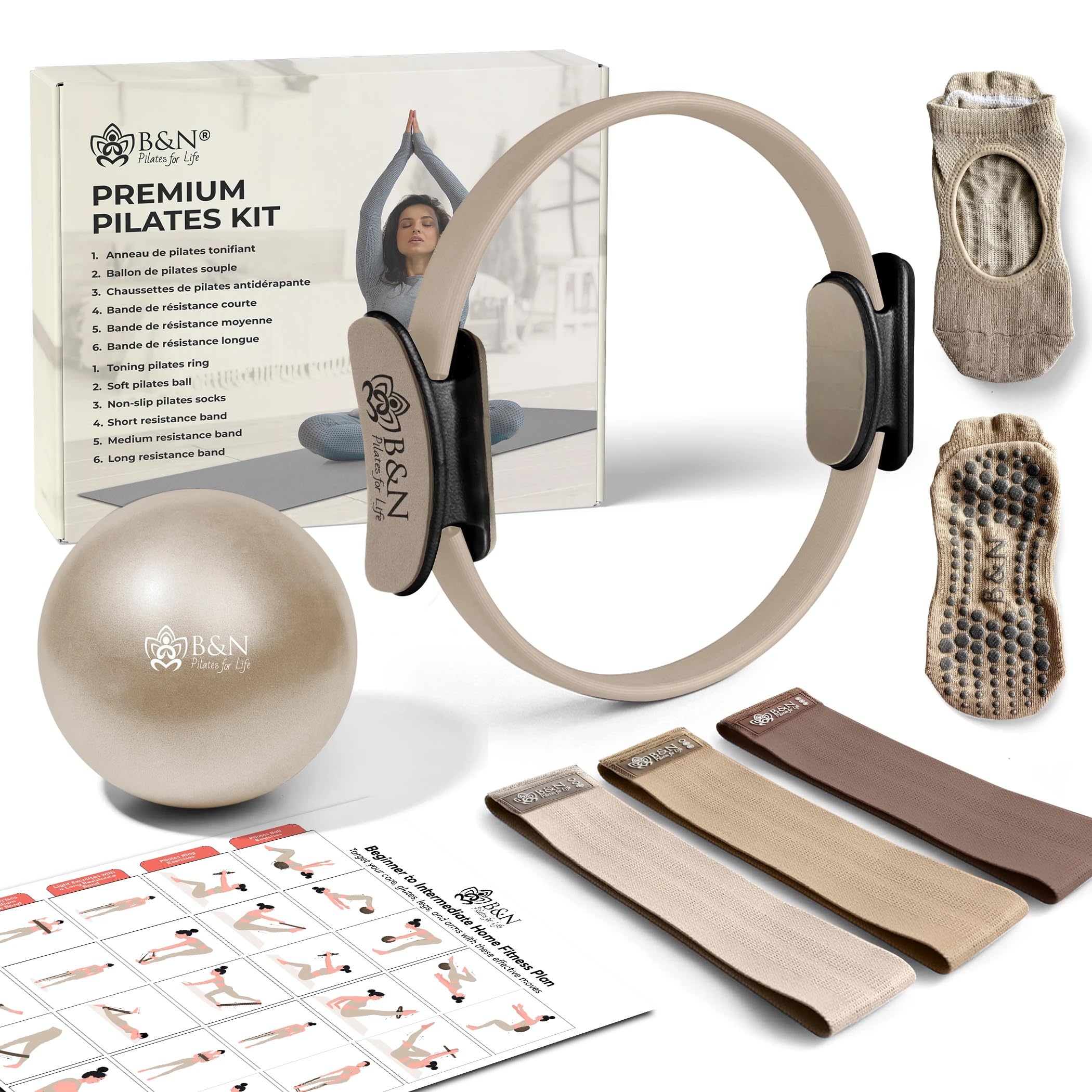 Kit Pilates Complet à Domicile - Pilates Ring, Ballon, Bandes de Résistance, Chaussettes, Guide