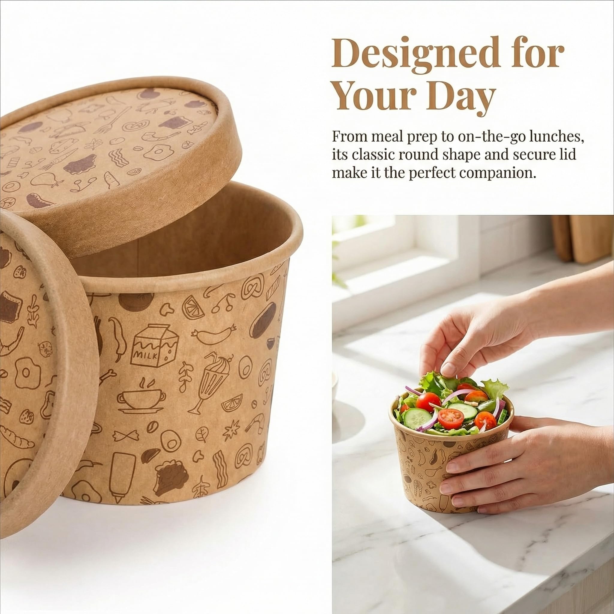 Cedilis Paquete de 50 recipientes de papel con tapas, 240 ml para llevar, recipiente de sopa de papel kraft desechable para sopa caliente o fría, helado, yogur