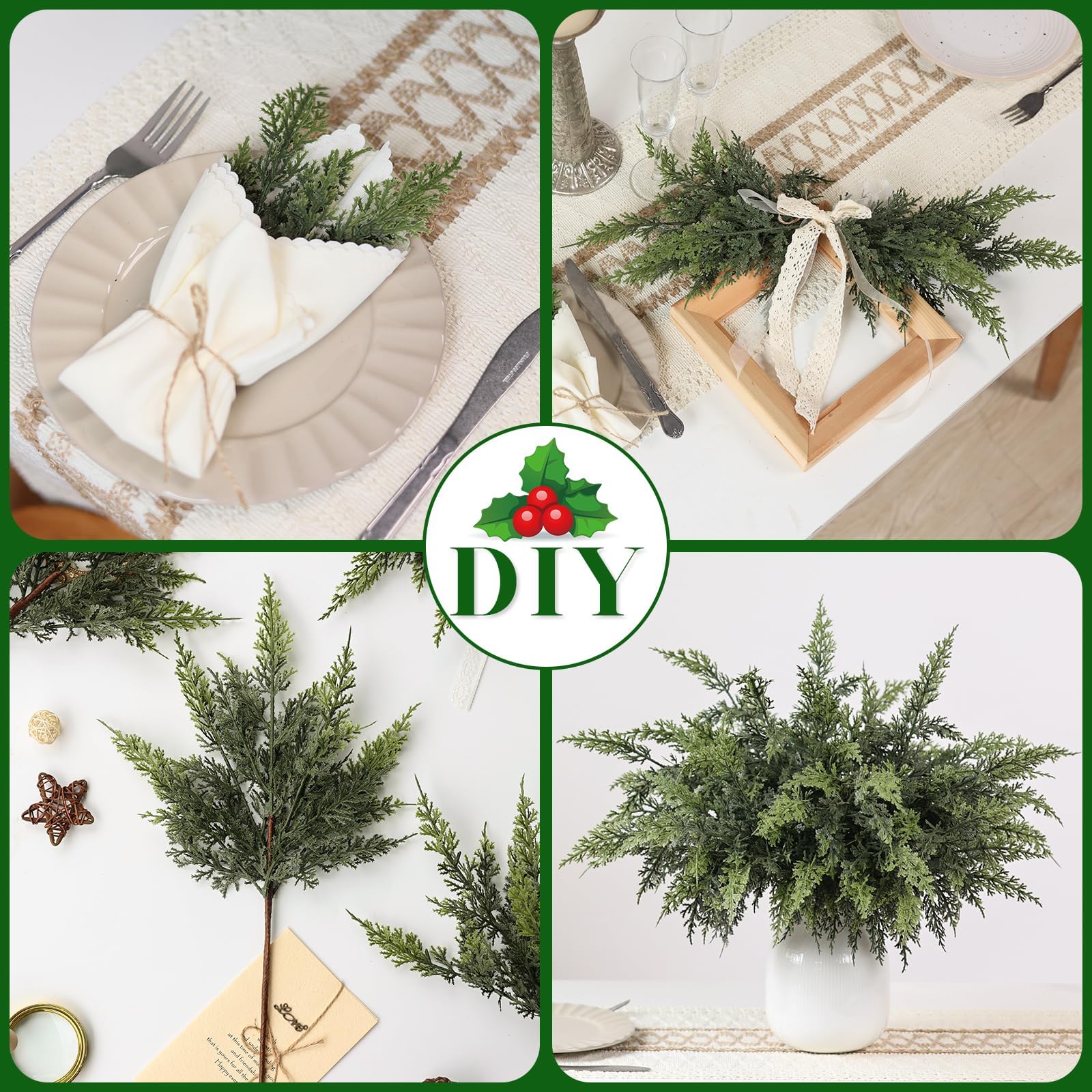 GLIDLION 45,7 cm echte Zedernzweige – 48 Stück, künstliche Weihnachtszweige aus Zedernholz, realistische künstliche Kiefernspieße, künstliche Grünpflanzen, Stiel für Vasen, Basteln, Girlande, Kranz