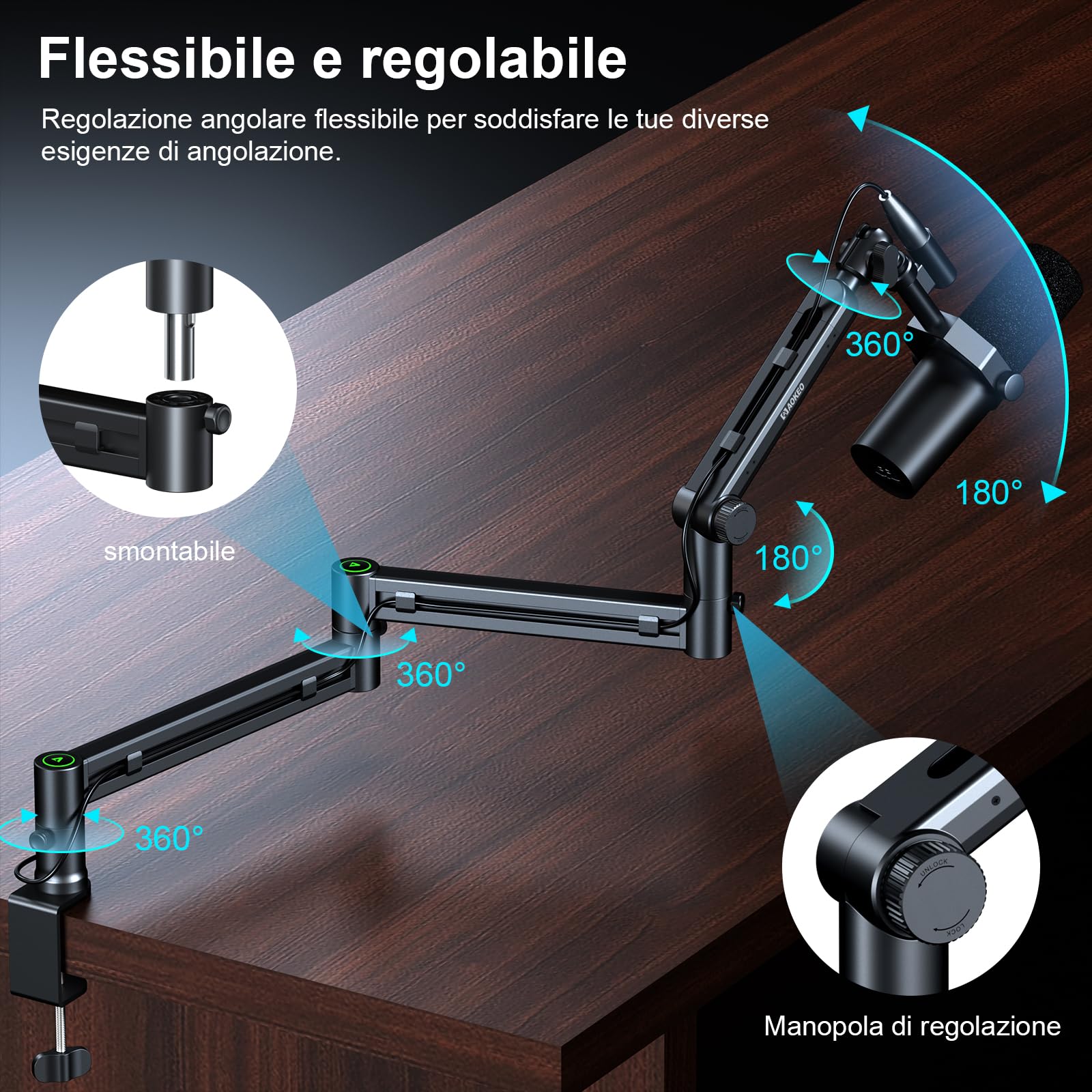 Braccio Microfono,Aokeo AK-58i Braccio Sospensione Boom da Scrivania a Profilo Basso,Supporto per Blue Yeti,Snowball iCE,HyperX QuadCast,SoloCast,Elgato Wave,Ecc