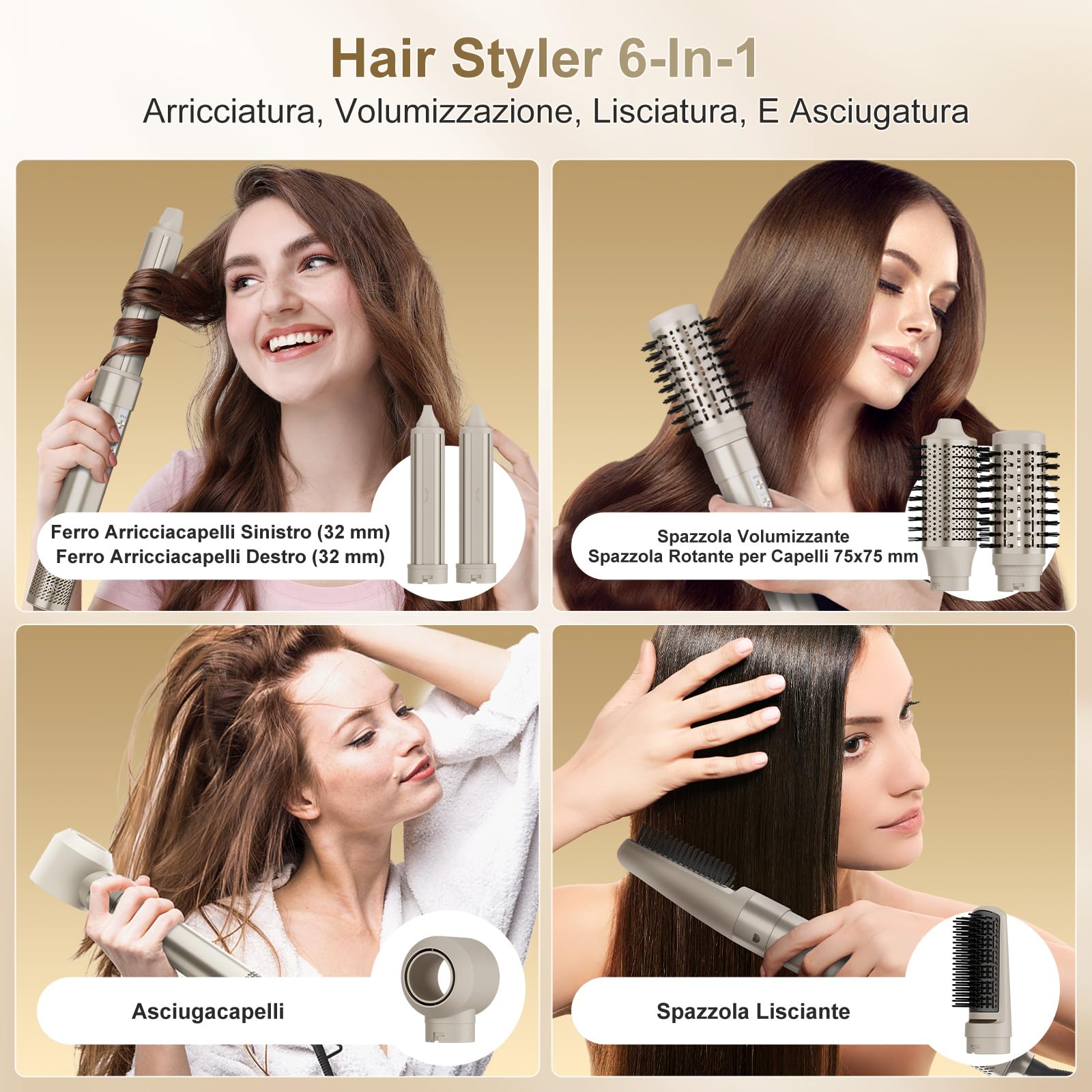 7MAGIC Air Styler 6 In 1, Asciugacapelli Ionico, Spazzola Rotante Per Capelli, Arricciacapelli Automatico, Spazzola Lisciante, Senza Danni Da Calore, Asciugatura Rapida, Con Borsa Da Viaggio