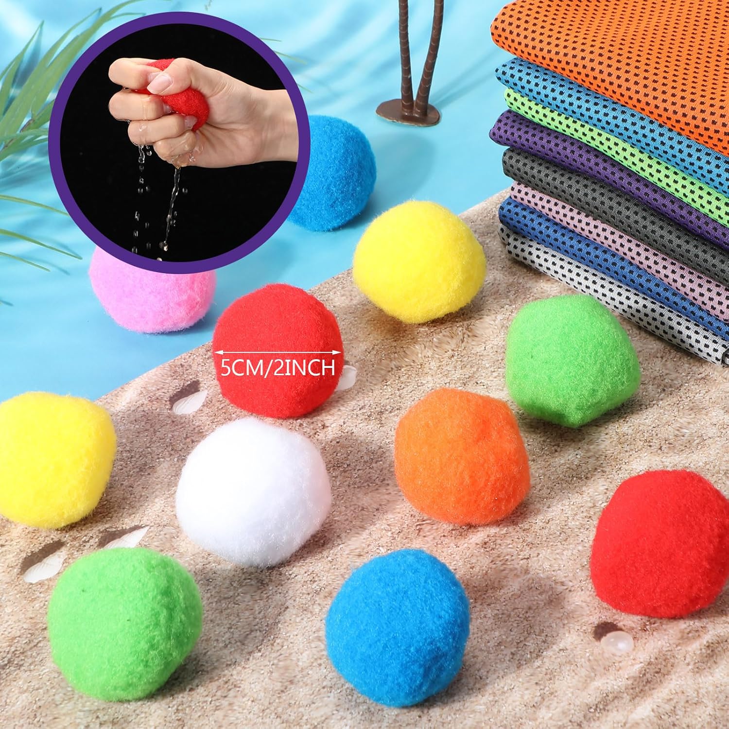 Mindsoft 50 Pcs Reusable Water Balloons 2 Inch Water Balls Pool Games with 8 Pcs Cooling Towels Summer Outside Toys for Outdoor Fun Game Play