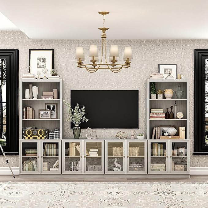 AIEGLE Classic Wall Unit TV Stand Set with Glass Door for TVs up to 65", Multifunctional 126" Entertainment Center with Bookshelves, Media Console Table with 8 Hidden Shelves & 6 Open Shelves, Grey