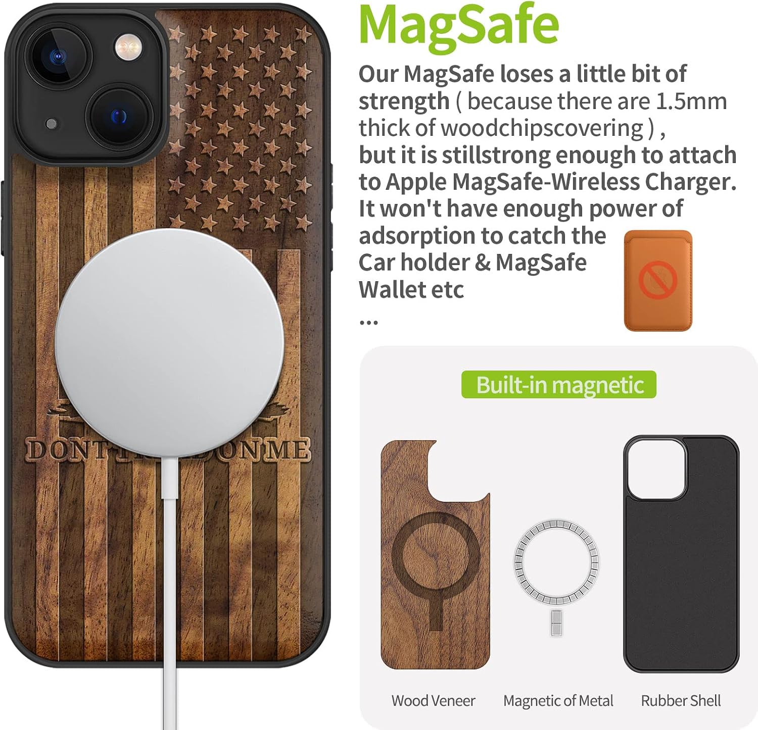 Carveit Magnetic Wood Case for iPhone 13 Case [Natural Wood & Soft TPU] Unique Wooden Shockproof Protective Cover Compatible with MagSafe (Gadsden and American Flag -Walnut)