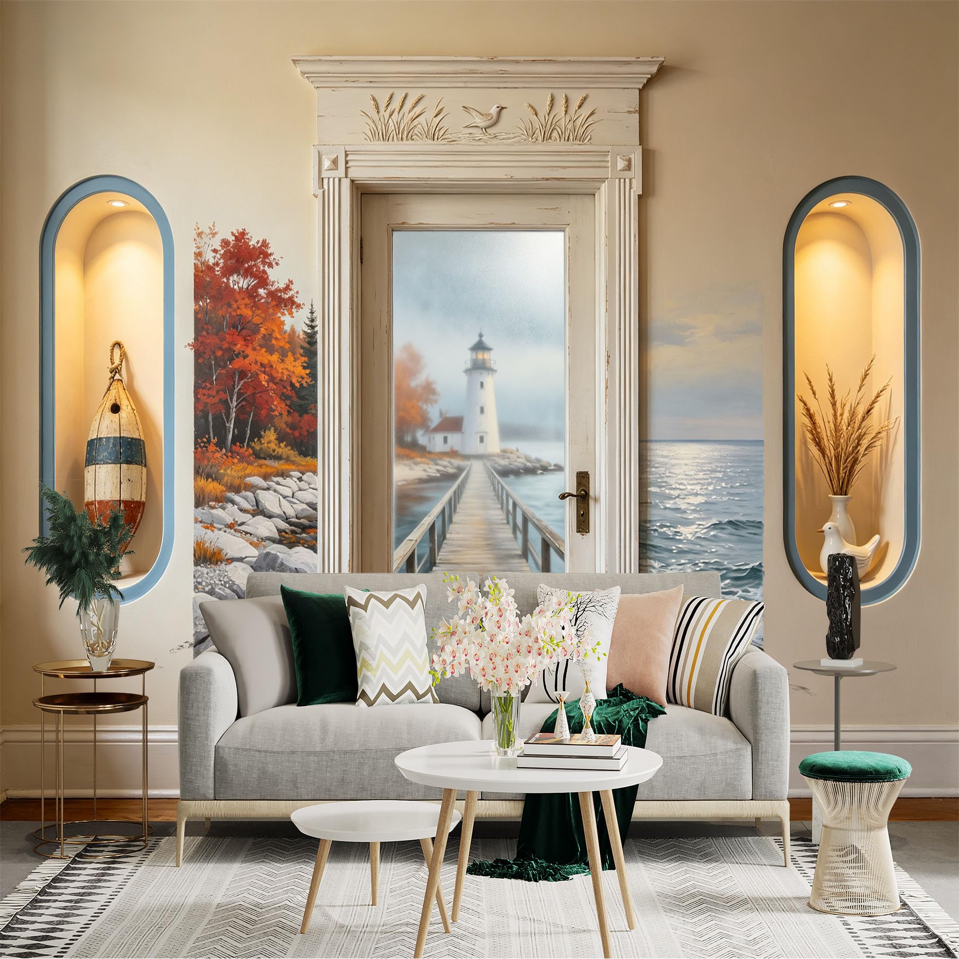 Custom Size Wall Sticker Mural， Coastal Lighthouse Pier Ocean Waves Autumn Trees， for wall Decoration， peelandstick wall Decals.