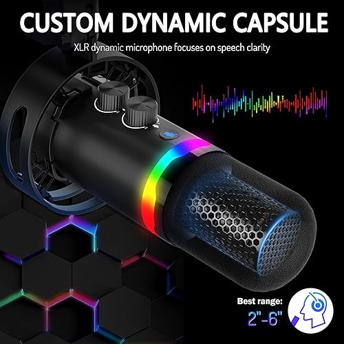 Miniatura 5 de JUOPIEA Kit de micrófono para juegos XLRUSB, micrófono dinámico para transmisión de podcasts, micrófono de PC con soporte de brazo Boom, luz RGB,