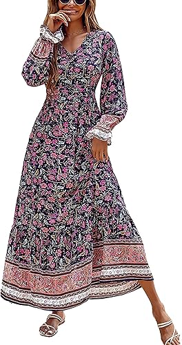 PRETTYGARDEN Long Sleeve Maxi Dress for Women V Neck Casual Button Down Boho Long Floral Dresses