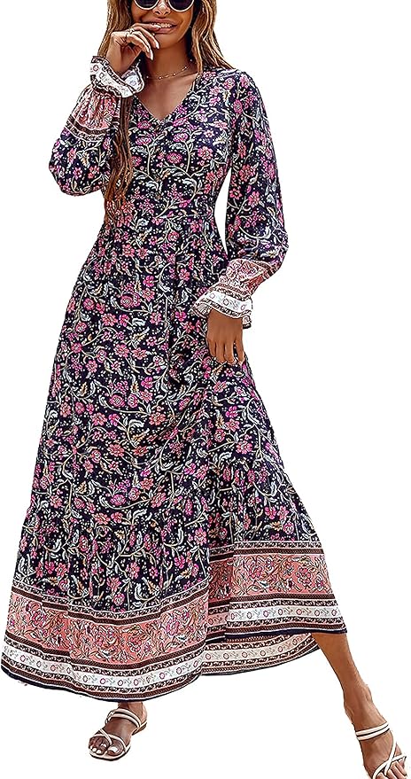 PRETTYGARDEN Long Sleeve Maxi Dress for Women V Neck Casual Button Down Boho Long Floral Dresses