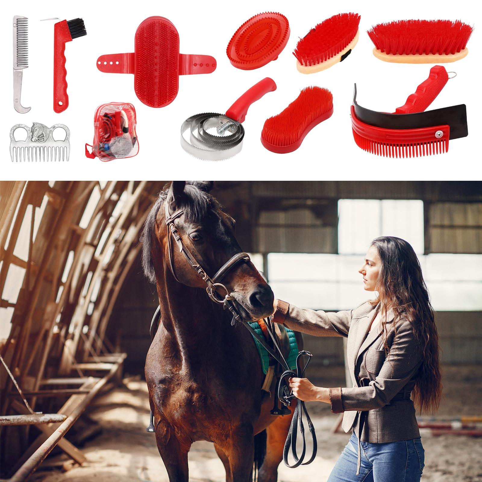 Cepillos Para Caballos, 10PCS Juego De Cuidado De Caballos Juego De Cuidado De Cepillos Kit De Cuidado De Caballos Limpieza De Caballos Cepillo Ecuestre Accesorios Con Bolsa De Almacenamiento