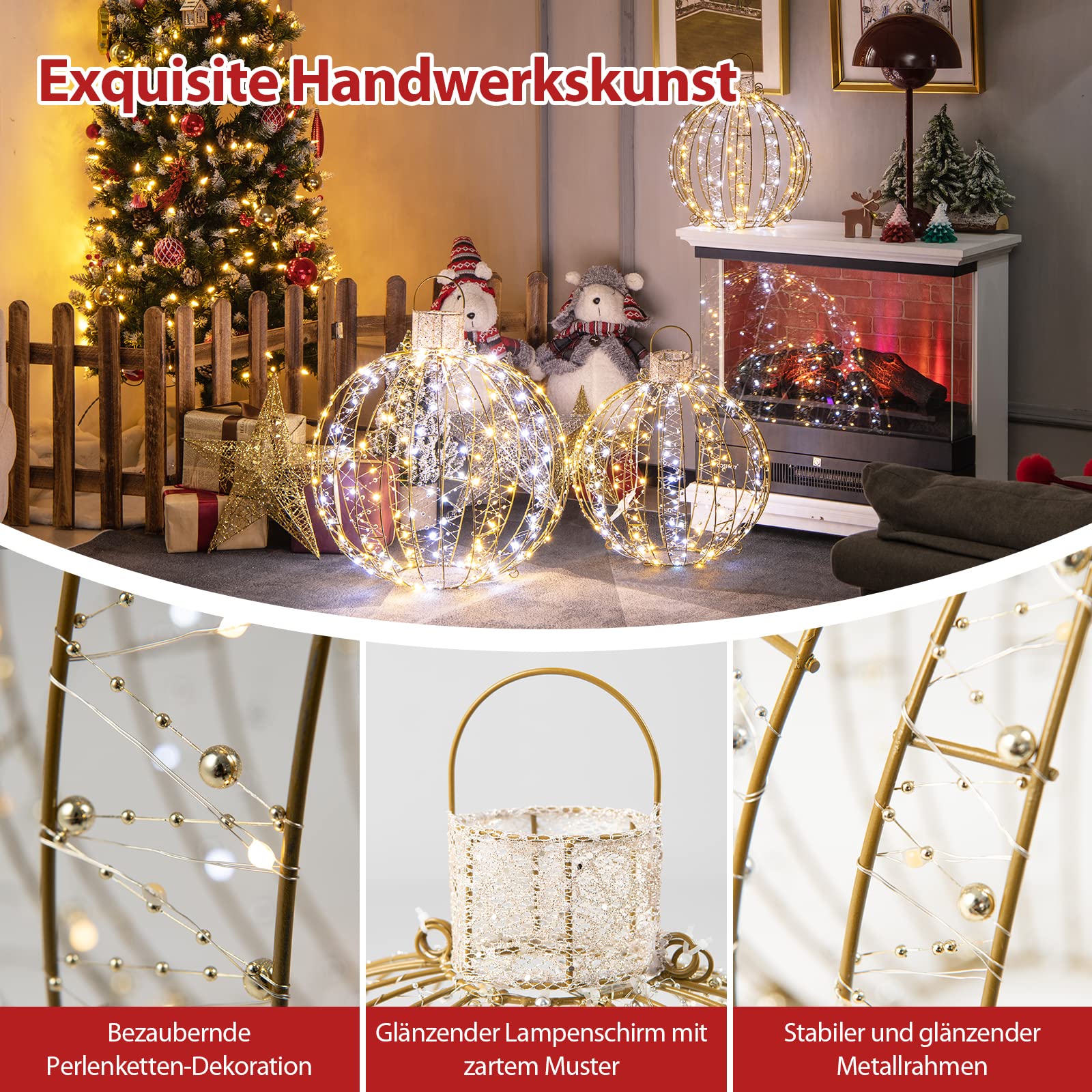 COSTWAY 3er Set LED Dekokugeln, Leuchtkugeln, Weihnachtsbeleuchtung für außen und innen