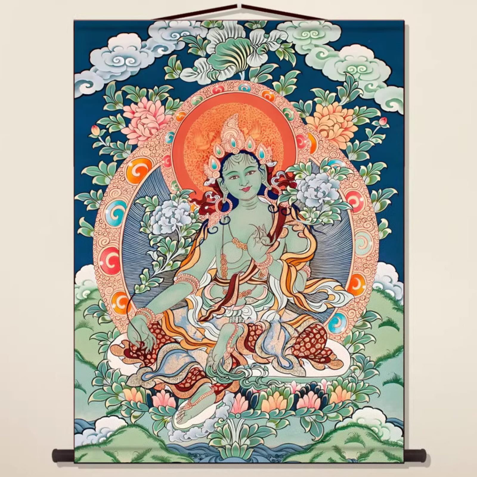 FENNYYAR Grüne Tara Thangka Wandgemälde Wohnzimmer, 75 cm, Dekoration Tibet Haushalt Bodhisattva Wandbild