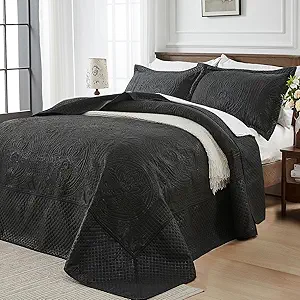 Qucover Black Oversized King Bedspread 128x120, All-Season Lightweight California King Quilt Set, with 2 Shams, Soft Microfiber King Size Bedspread Oversized, Black