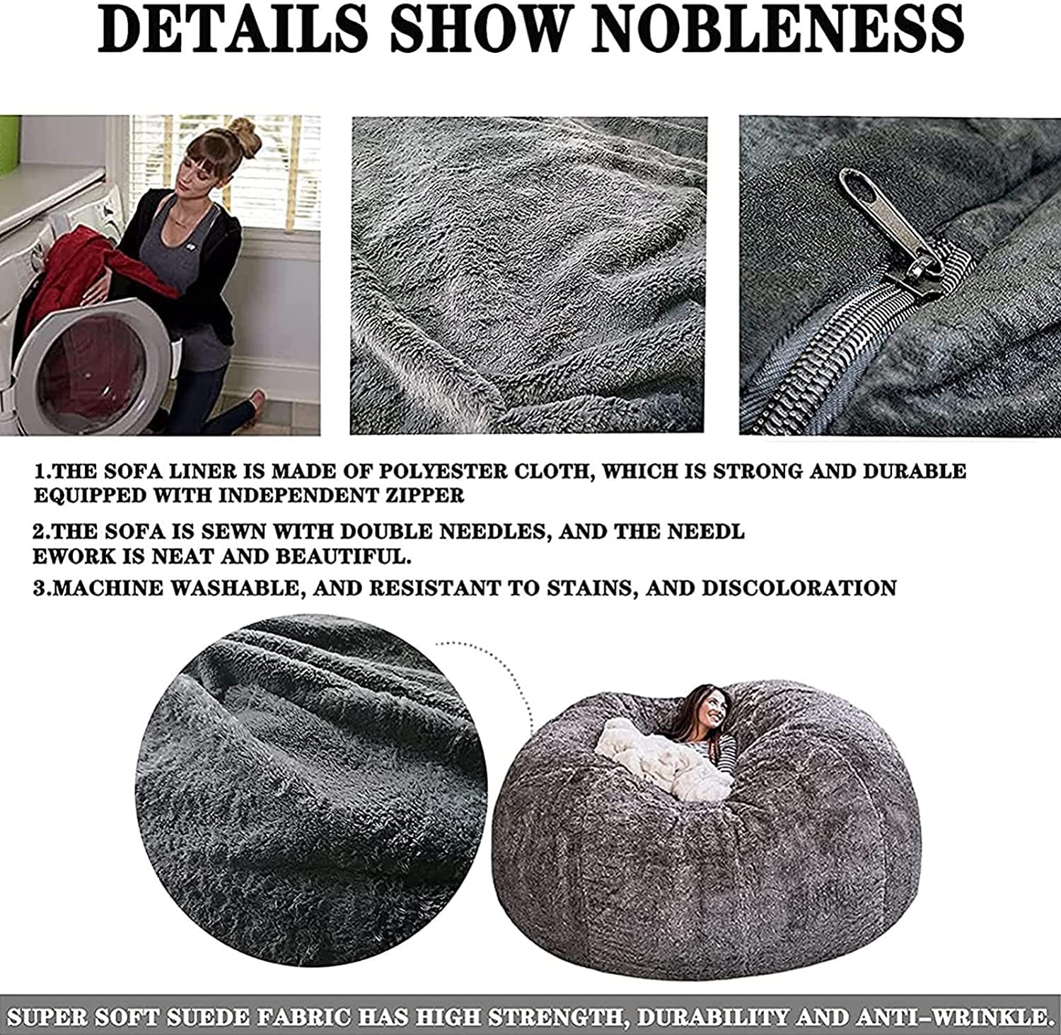Funda para puf gigante, (solo incluye la funda, no el puf completo, sin relleno), funda de gamuza para sofá para adultos (color negro, tamaño: 6 pies) 6