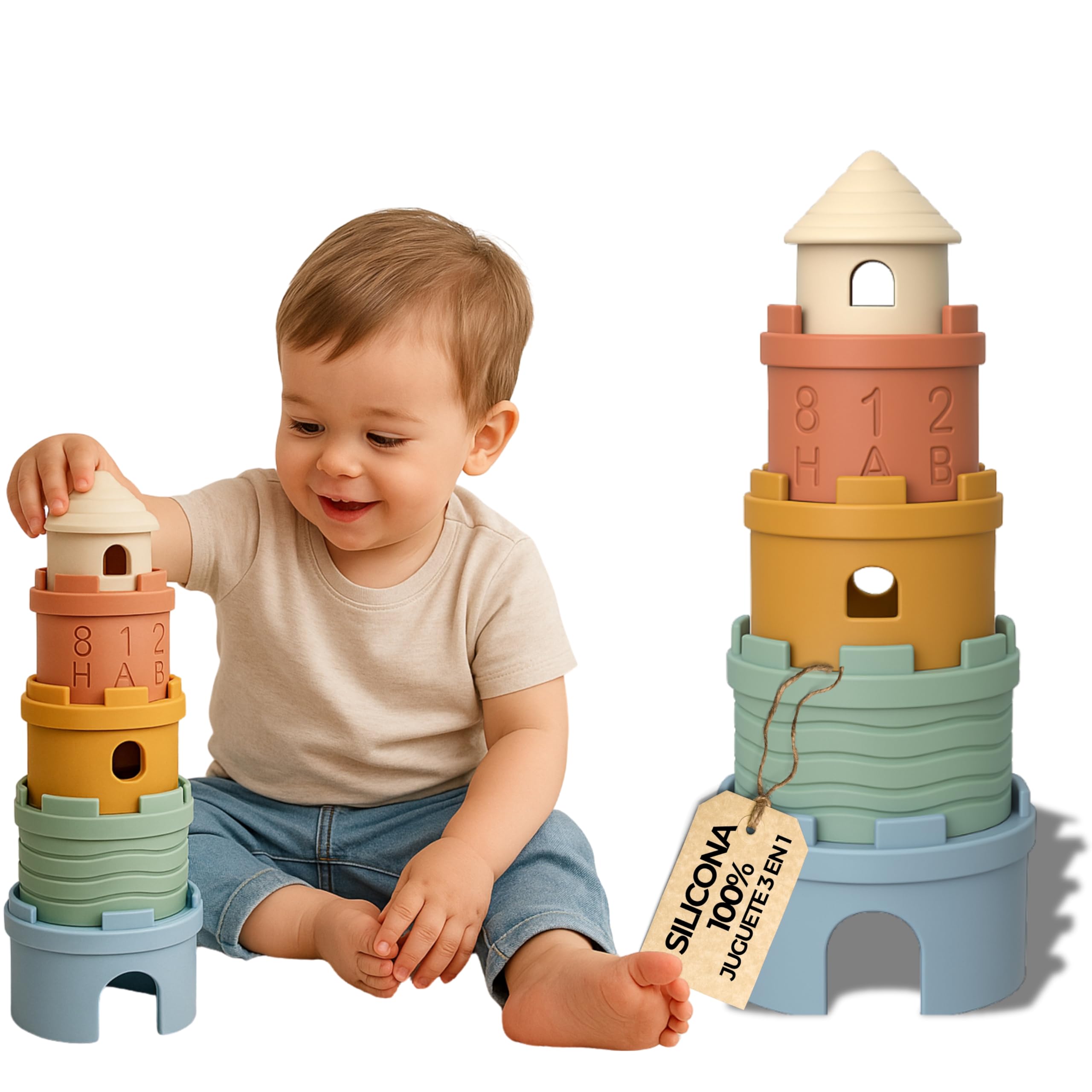 KSIBE Cubos Apilables Bebe Silicona – Juguete Montessori Sensorial 3 en 1: Apilador, Mordedor y Baño Desde 6 Meses, Regalo Bebe 1 Año