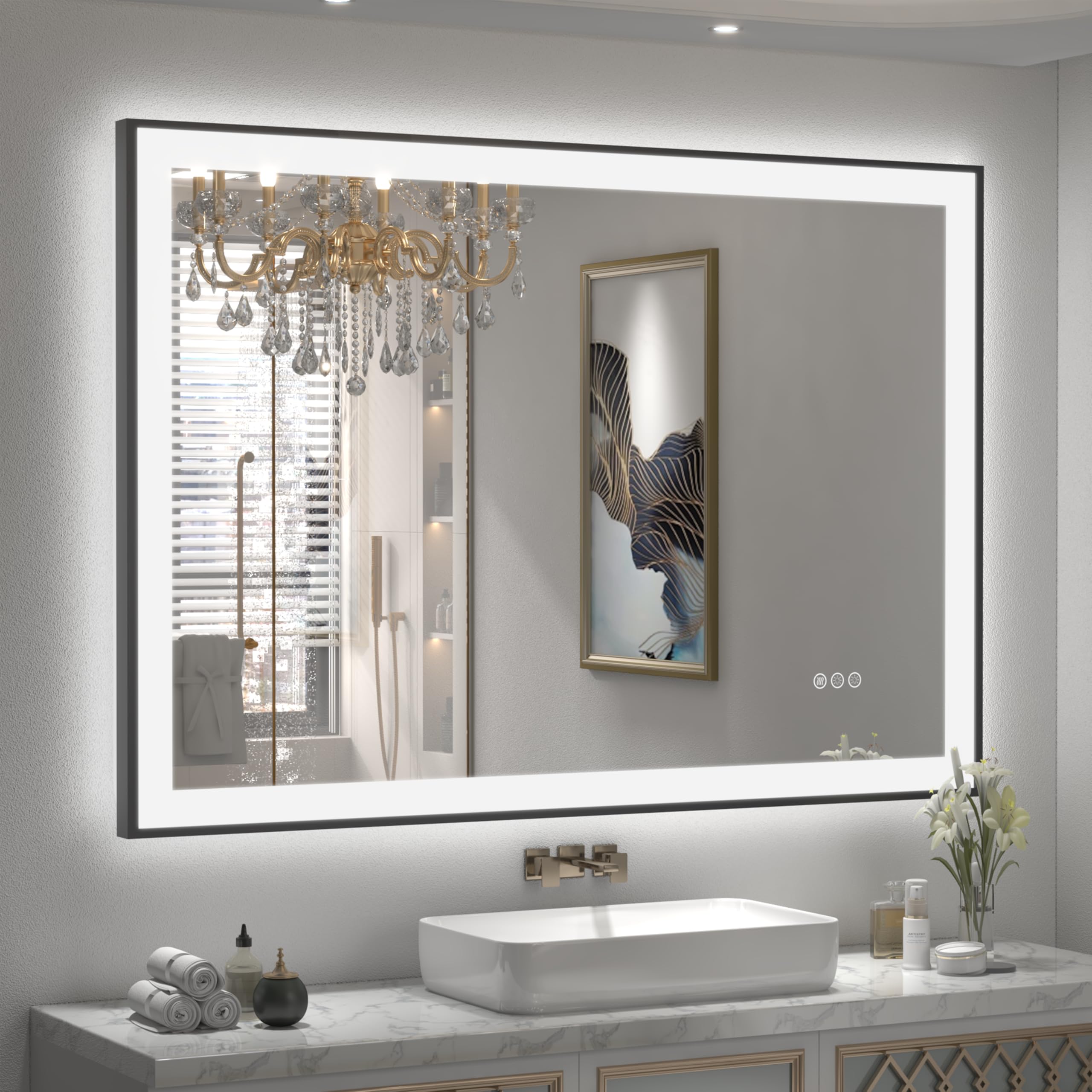 44x36 LED Lighted Bathroom Mirror, Black Frame Vanity Mirrors with Lights, 3 Colors, Anti-Fog, Shatterproof, Independent Backlit+Front Lights, Memory, ETL Listed