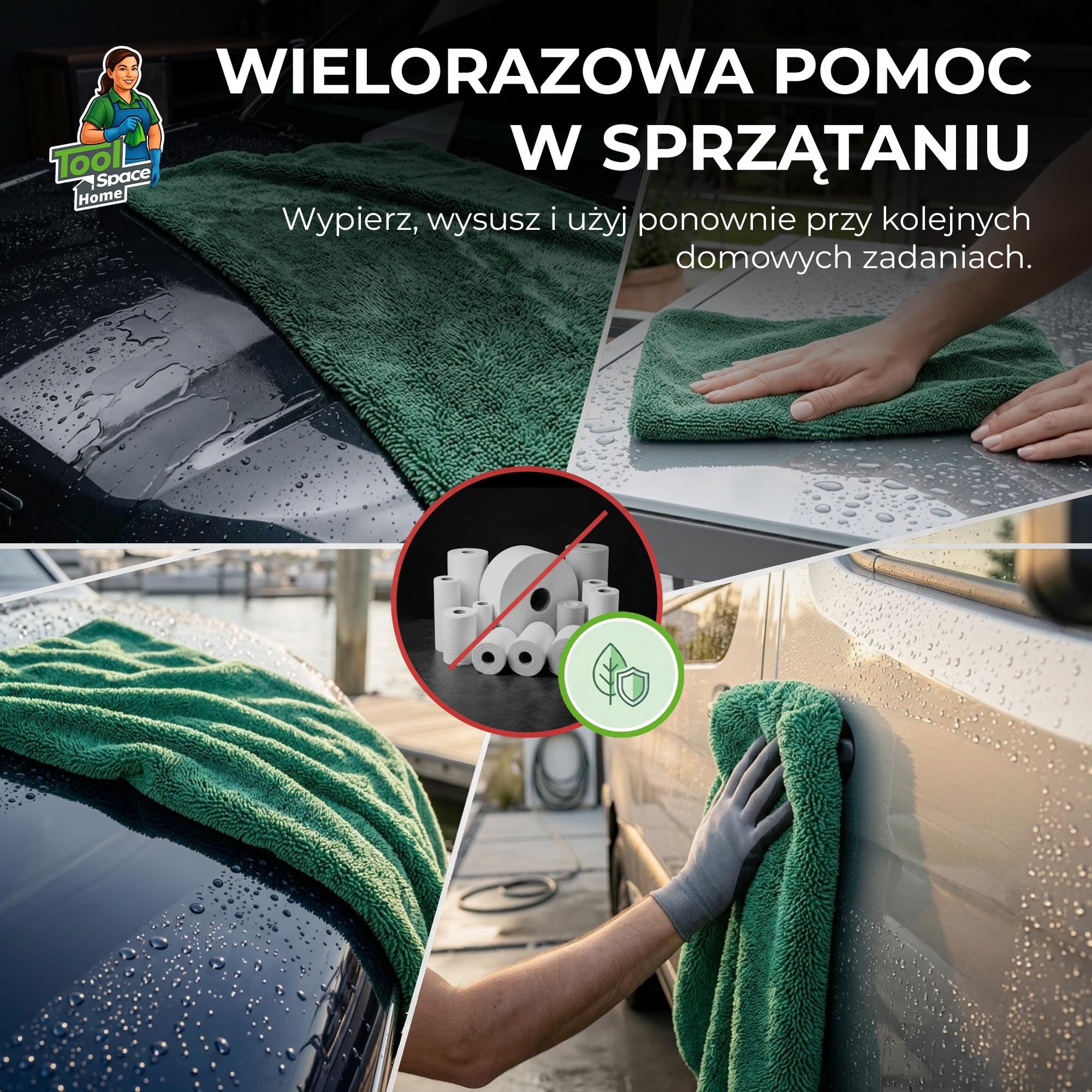 ToolSpace Ręcznik Samochodowy z Mikrofibry 60x90cm 2 szt. 1300 gsm do Osuszania Auta Lakieru Szyb Karoserii Chłonny Miękki Wielorazowy Bez Smug Premium Detailing Mycie Samochodu Mikrofibra Gruby Duży